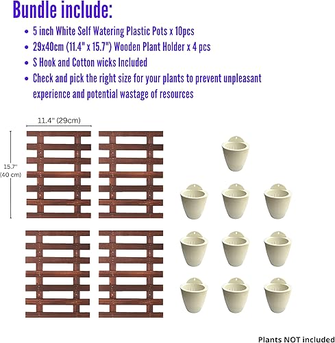 Miniatura 2 de LalaGreen - Paquete de maceta de 5 pulgadas + 4 soportes de madera para plantas, maceta de riego automático blanca, macetas colgantes de pared para