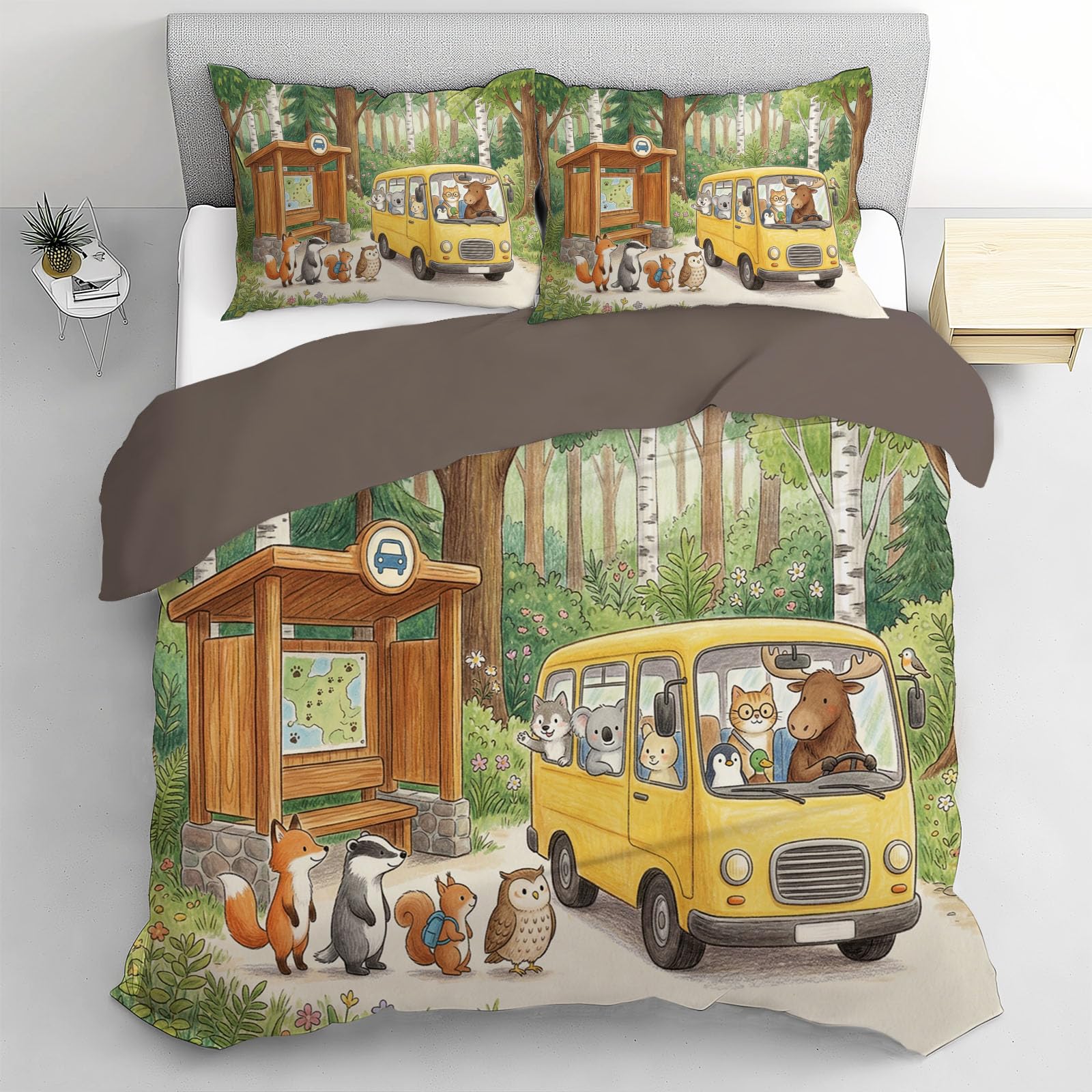 Juego de Fundas Nórdica, 260x240cm Juego de Ropa de Cama Autobús De Animales Funda de Edredón Libros Ilustrados Infantiles con Fundas de Almohada para Niños, Adolescentes, Adultos, Amarillo Verdoso