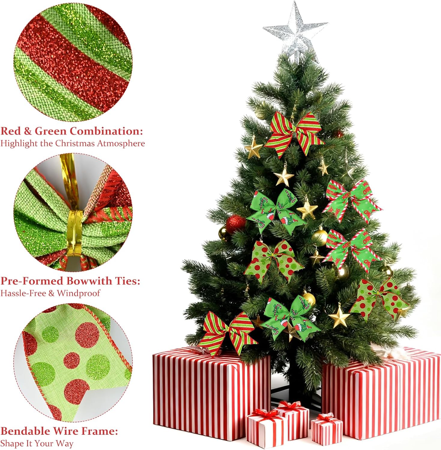 ZWIN 12 Pcs Christmas Bows Christmas Tree Ribbon 6 inches Red and Green Christmas Bows for Tree Ornaments Wreath Gift Wrapping Wall - Image 4