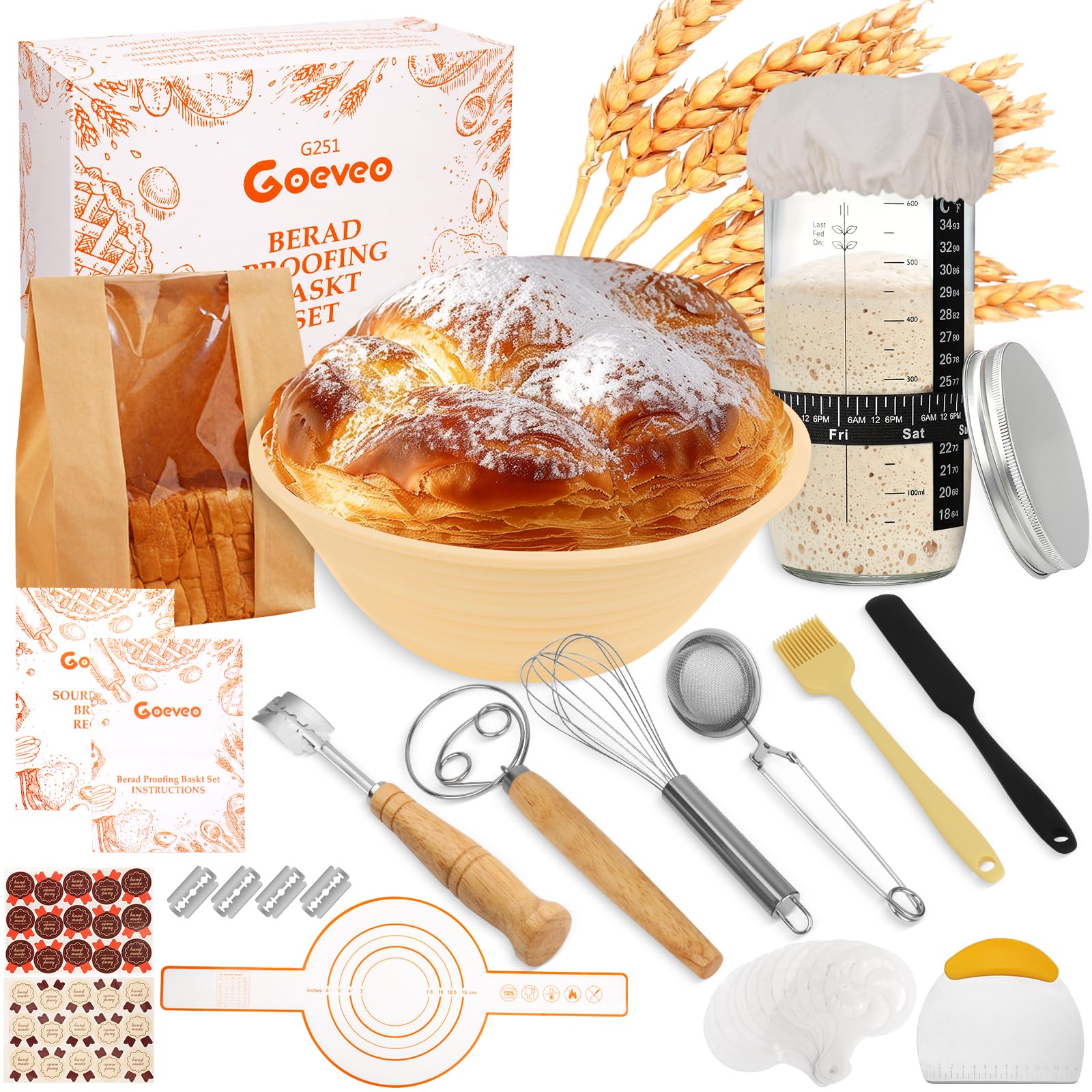 Goeveo Sourdough Starter Kit, 16Pcs Bread Proofing Basket 650ml Sourdough Starter Jar Feeding Time Tracker Basket Baking Accessories Bread Making Gifts for Bakers