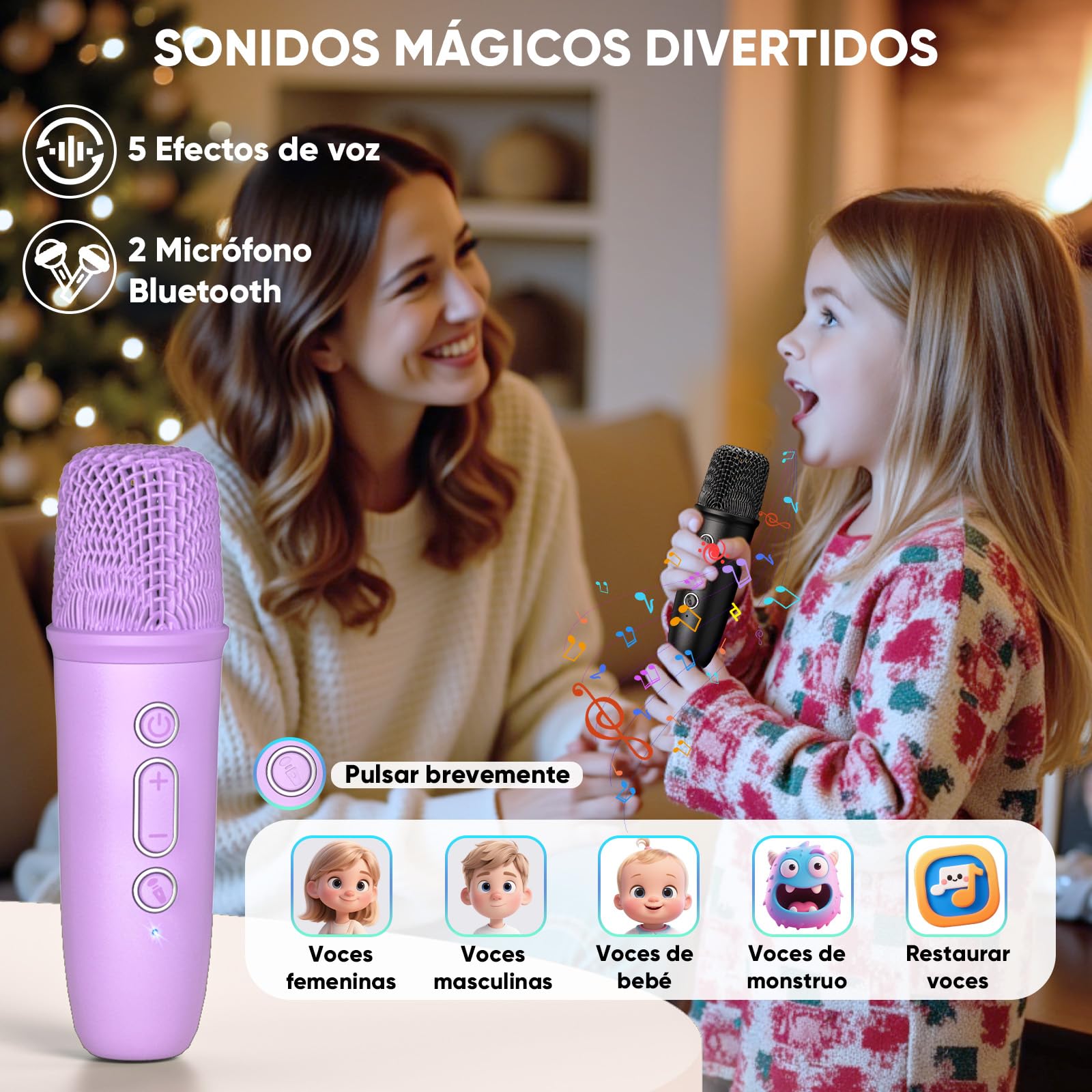Microfono Karaoke Regalo Niña 5 6-12+ Años, Karaoke 2 Microfonos Inalambricos Bola de Discoteca con Efectos de Luces LED Frontales Karaoke Niña Adultos Microfono Juguetes para Niñas - Regalo Navidad
