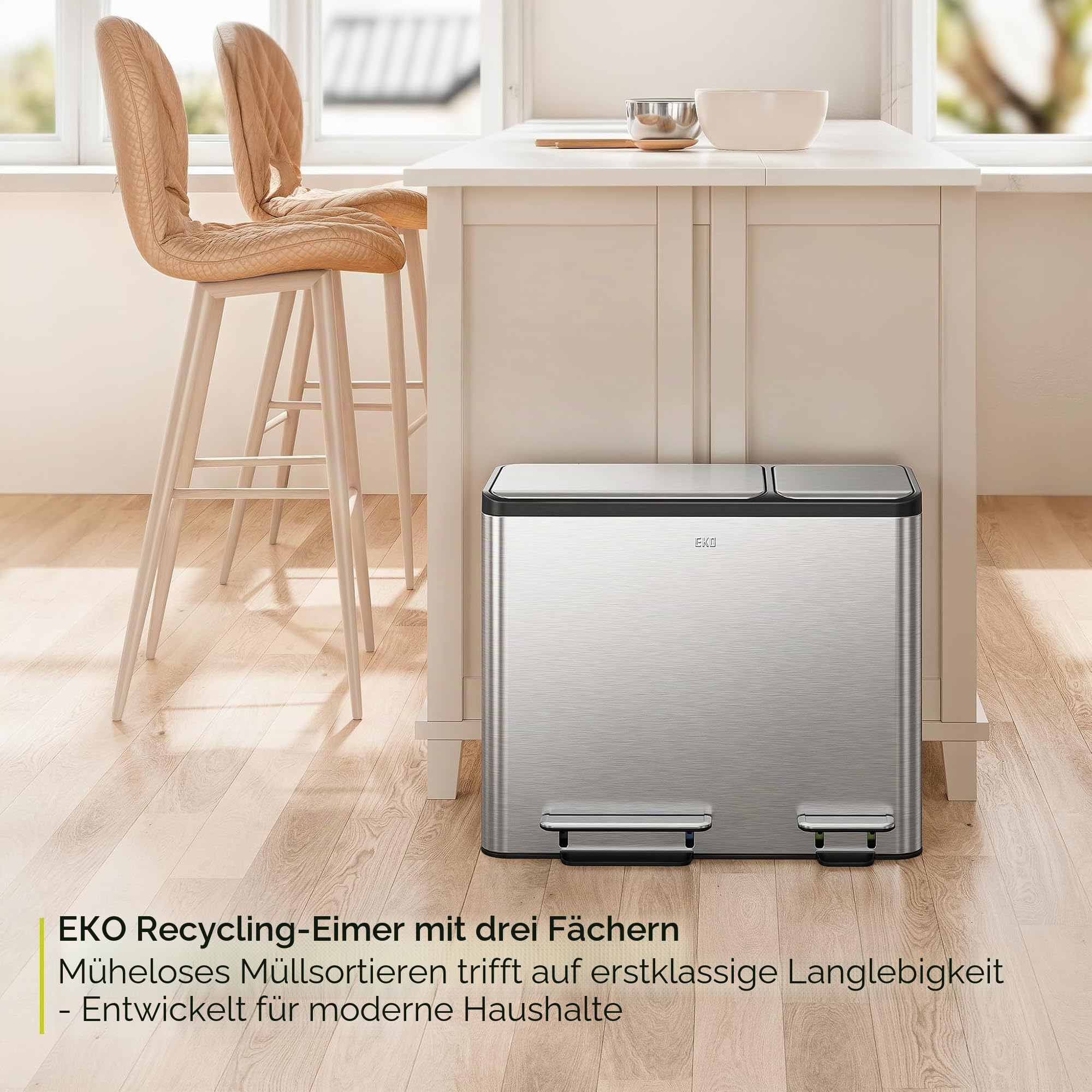 EKO Ecocasa Mülleimer 3 Fächer, 3 x 15 Liter, Tretmülleimer Mülleimer für Küche, Abfalleimer mit Deckel, sanftem Schließen und luftdicht, Mülltrennsystem 3-fach mit Griff, Edelstahl Matt