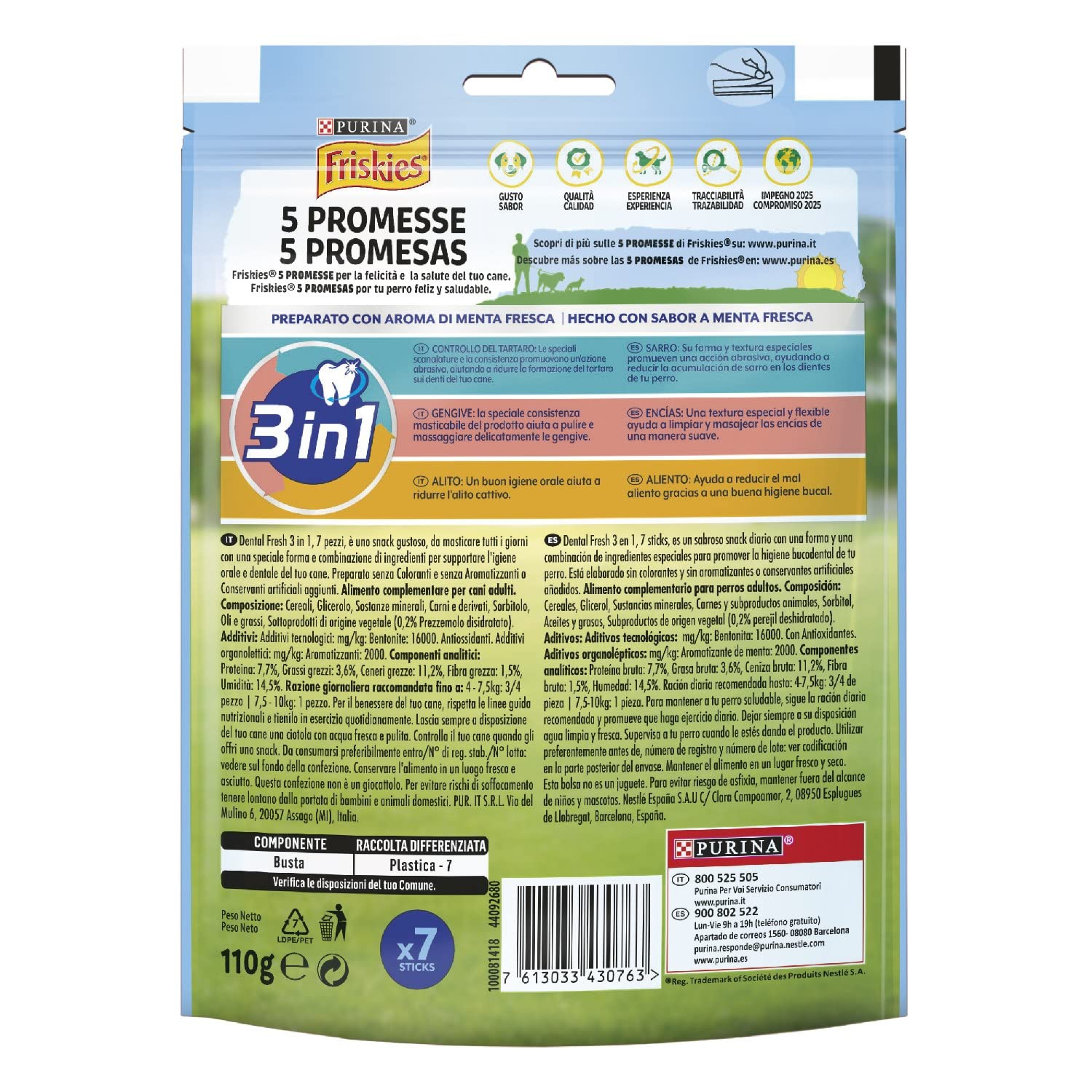 PURINA FRISKIES Dental Fresh Snack per l'Igiene Orale per Cani Adulti Stick 6 Confezioni da 110g