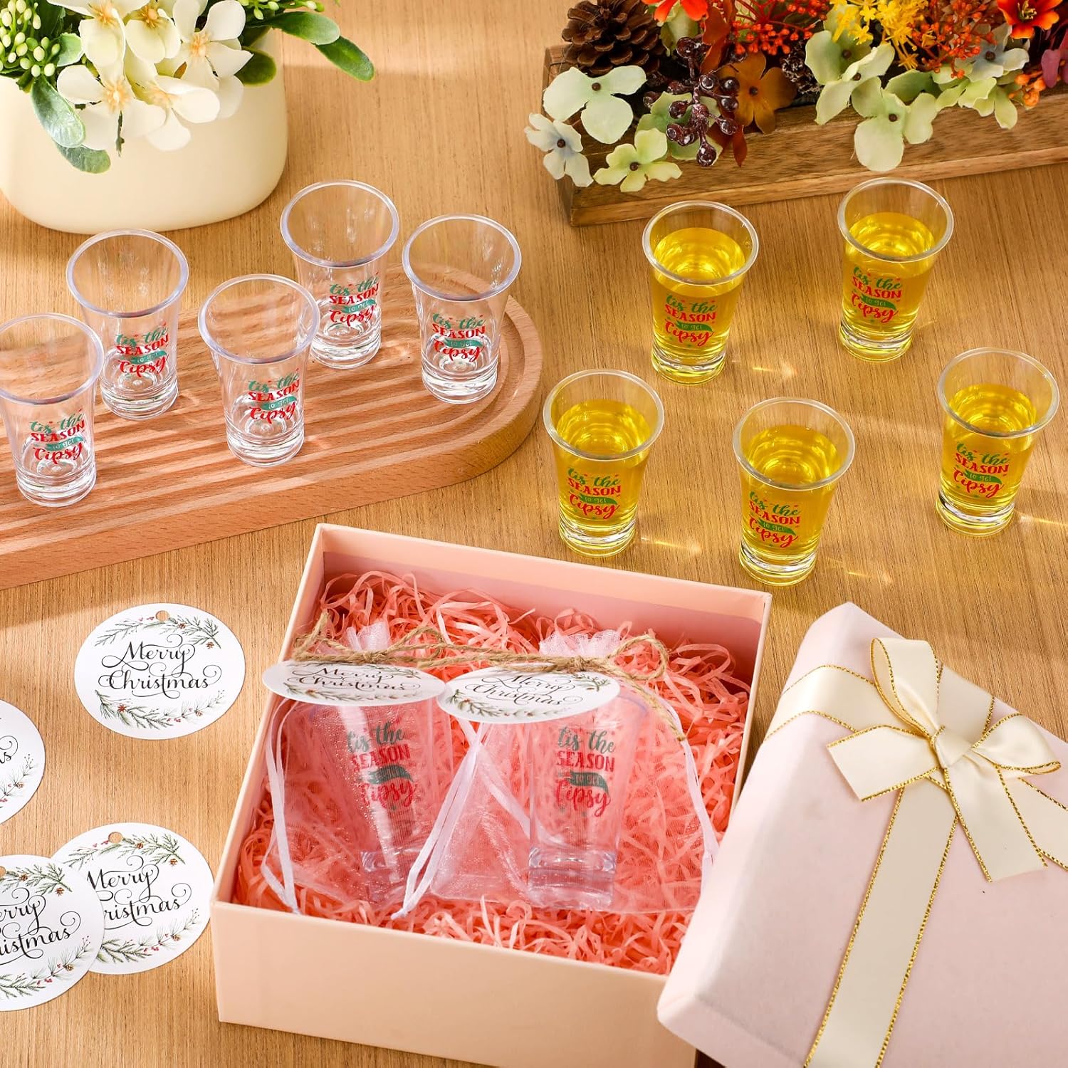 Roshtia 30 Sets Christmas Party Favors Acrylic Xmas Shot Glasses 1.2 oz Tis the Season to Get Tipsy Shot Glasses with Merry Christmas Tags Gift Bags Xmas Party Supplies for Friends Guests