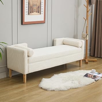 65" Storage Bench Corduroy Upholstered Bench End of Bed Bench Window Seat with 2 Pillows, Wood Leg Straight Armrest, Window Benches Storage Ottoman Bench for Bedroom, Entryway Beige