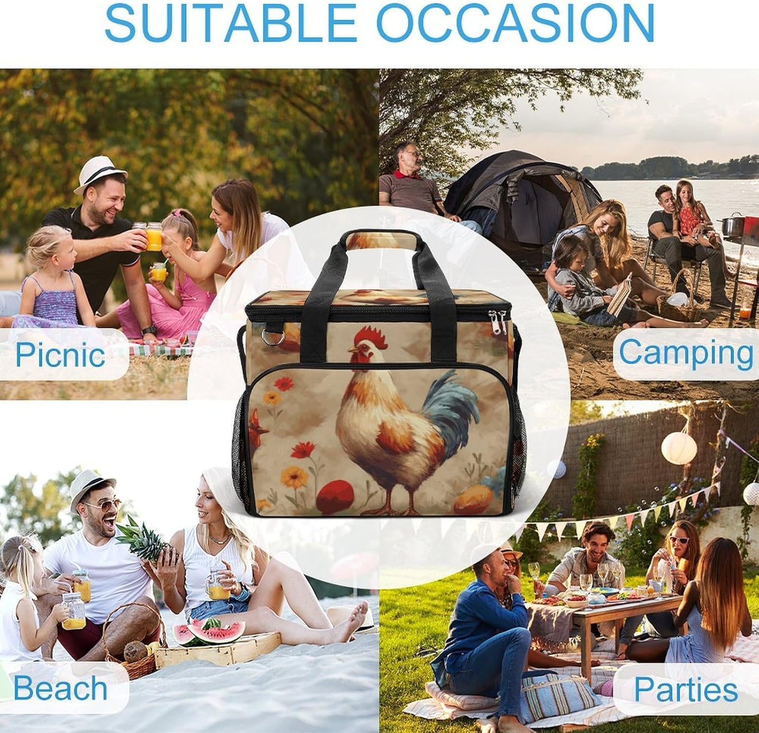 Insulated Picnic Backpack Tote Bag, Large Capacity 30L Art Chicken Animal Painting Cooler Bag Leakproof Beach Bags Portable Lunch Box Waterproof Picnic Basket for Beach Camping BBQ