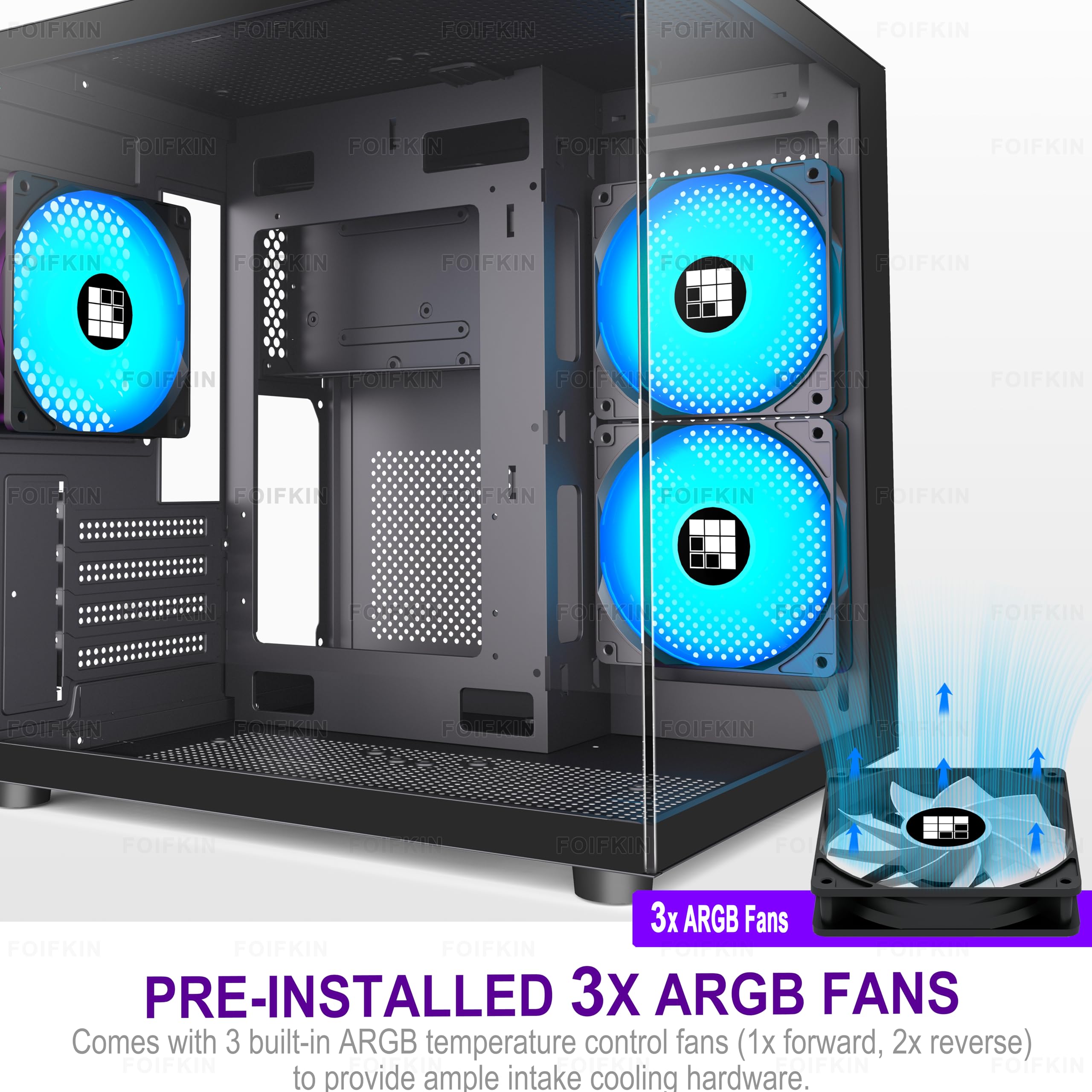 FOIFKIN F100 Micro-ATX PC Gehäuse mit 3 ARGB Lüfter, MicroATX Gehäuse Schwarz,MINI PC-Gehäuse Gaming,240mm Radiator Computergehäuse,270° Panorama Tempered Glass