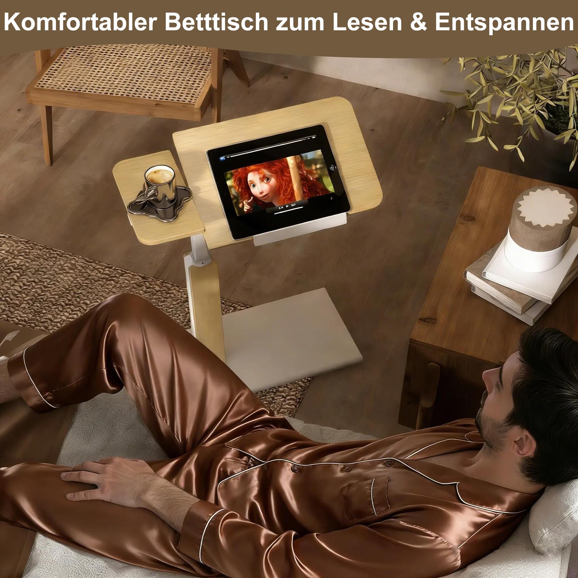 ETHU Klappbarer Laptoptisch mit Rollen, Höhenverstellbarer Nachttisch (67-101 cm) & Neigbare XXL-Tischplatte, Mobiler Beistelltisch für Bett, Sofa & Homeoffice (Eiche)