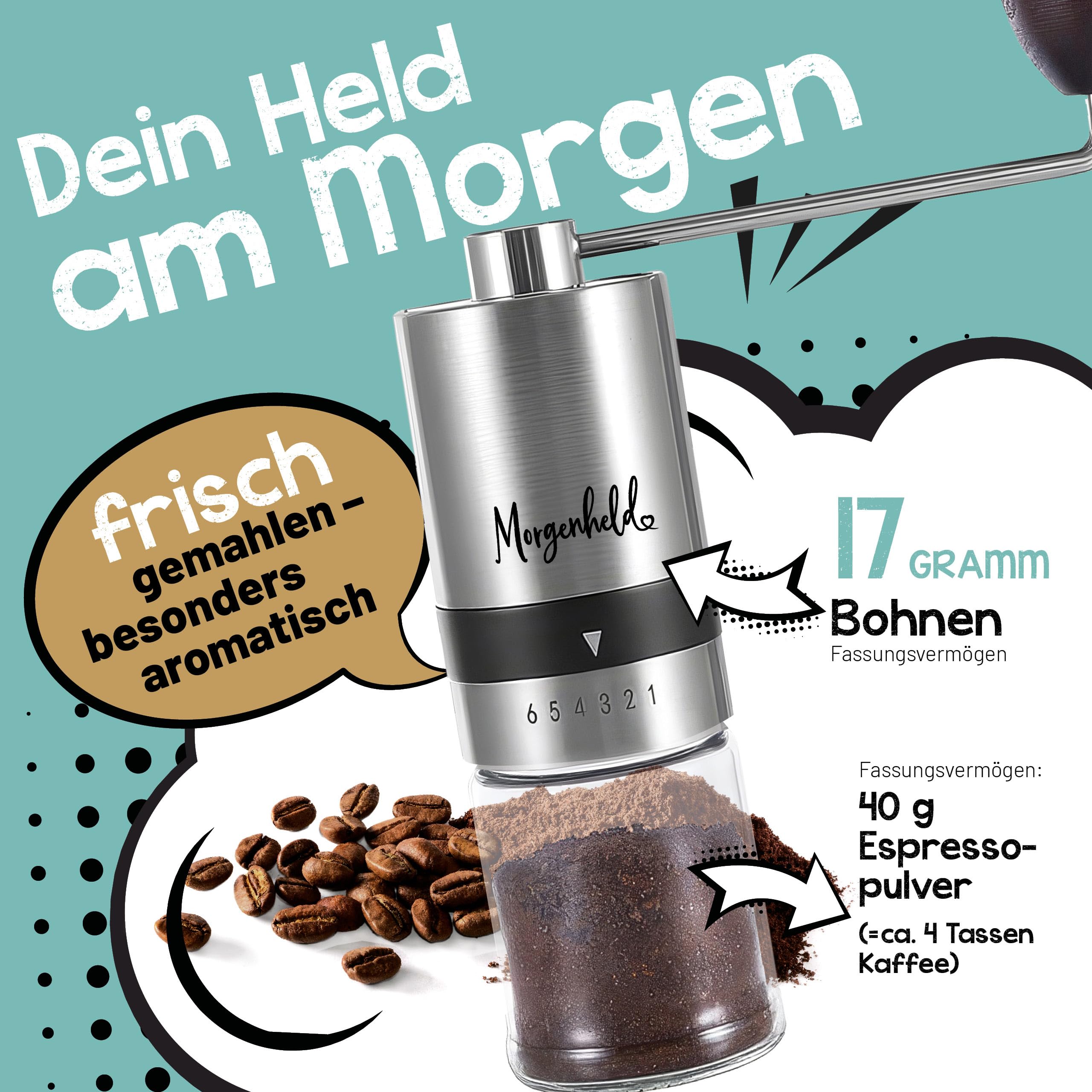 Morgenheld Kaffeemühle manuell Edelstahl – Handmühle Espresso, 2 Gläser | Stufenlos von Espresso bis Cold Brew einstellbar, mit Geschenkbox – ideal für Zuhause, Reisen und Camping