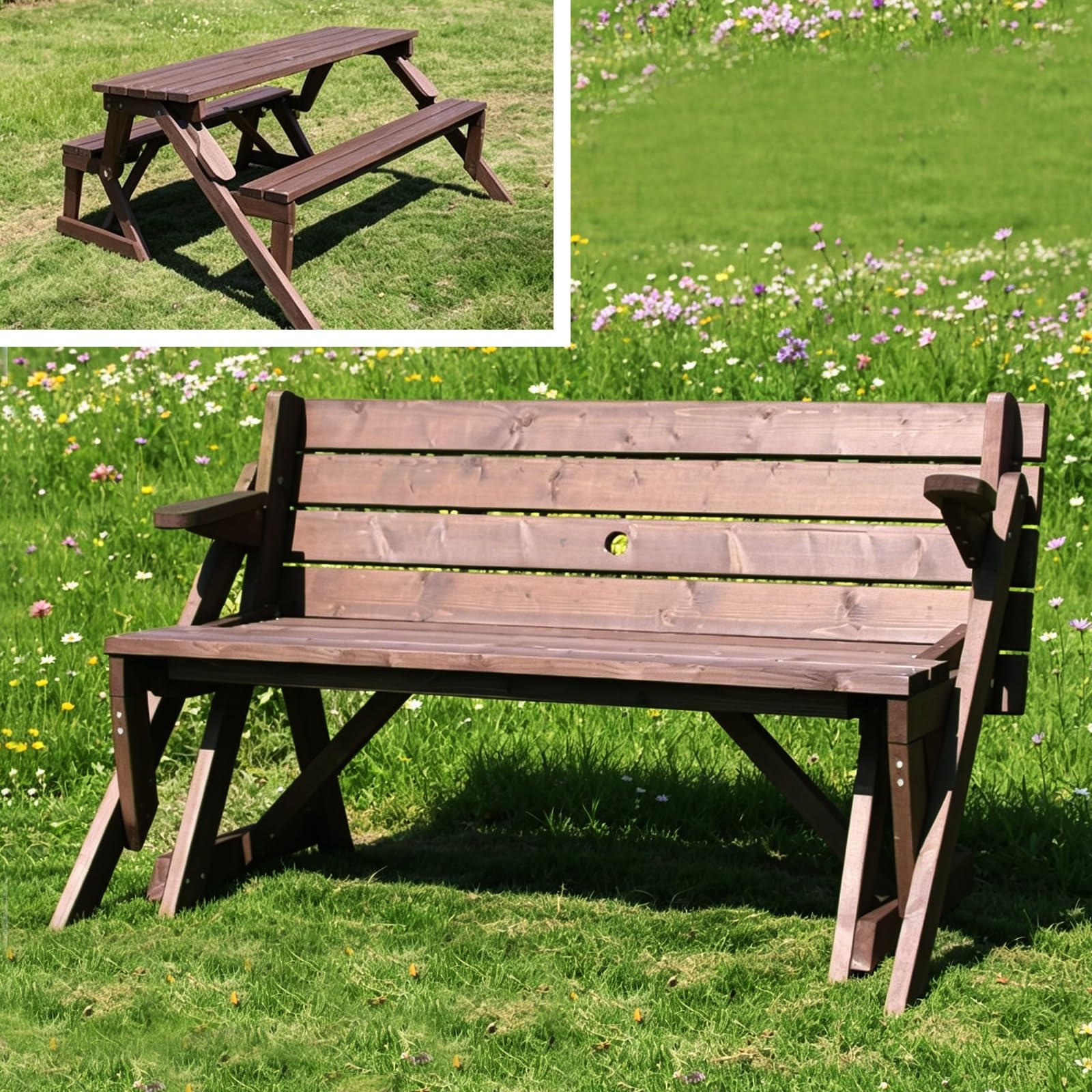Mesa de picnic convertible de madera maciza, mueble transformable 2 en 1 con agujero para sombrilla para patio, jardín