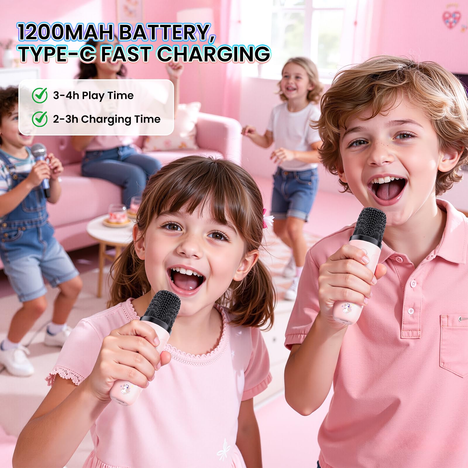 PKBD Macchina del Karaoke per Bambini: Karaoke Portatile con 2 Microfoni Senza Fili,Altoparlante Bluetooth, Effetti Vocale e Luci LED Bambini 3-15 Anni (Rosa)