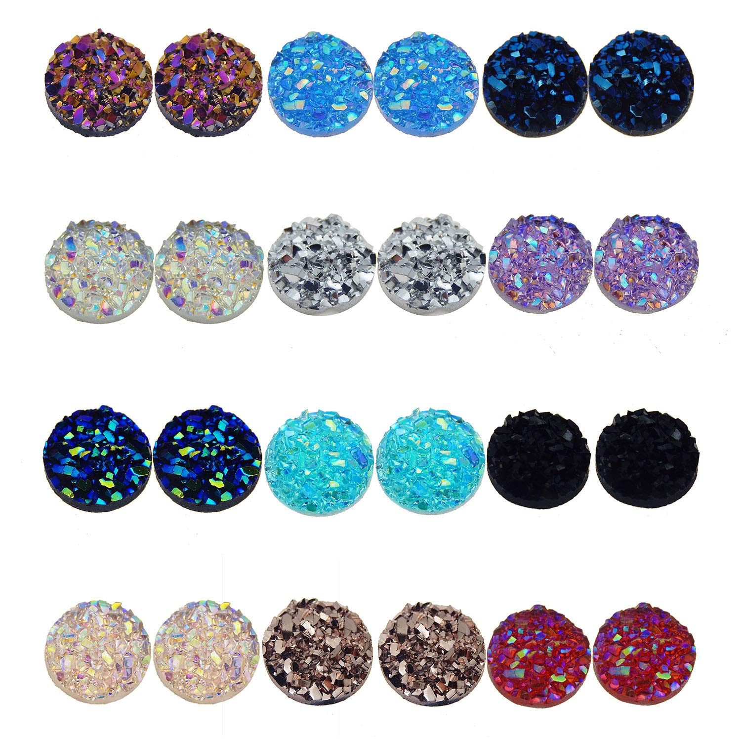 JJG 200 PCS Mixed Colors Faux Druzy Quartz Round Flat Back Dome Cabochons DIY Accessories, 12mm Diameter