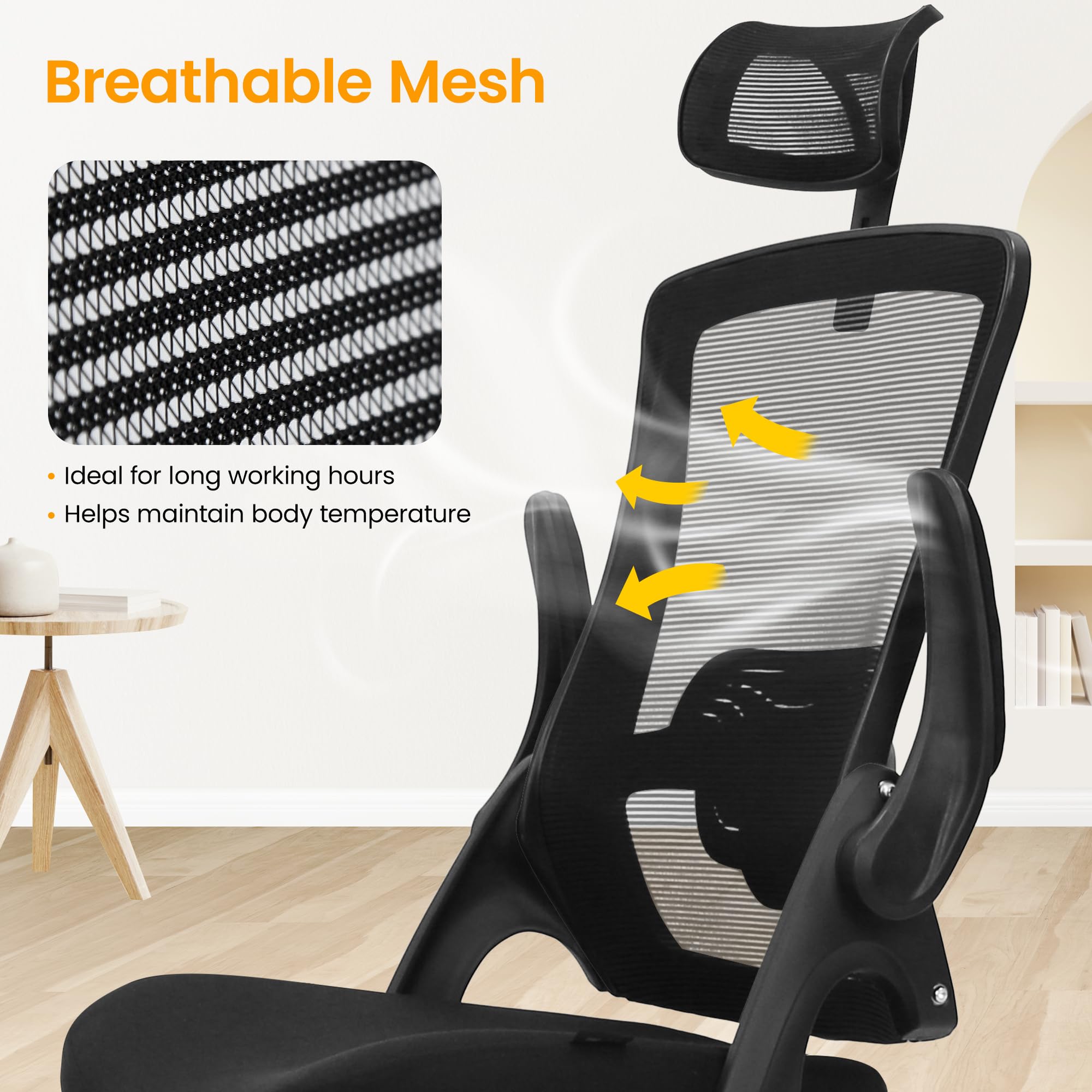 NEO Chair Silla de oficina ergonómica de escritorio con respaldo alto, silla de malla para computadora y juegos con brazos ajustables cómodos, soporte lumbar, reposacabezas giratorio para oficina en
