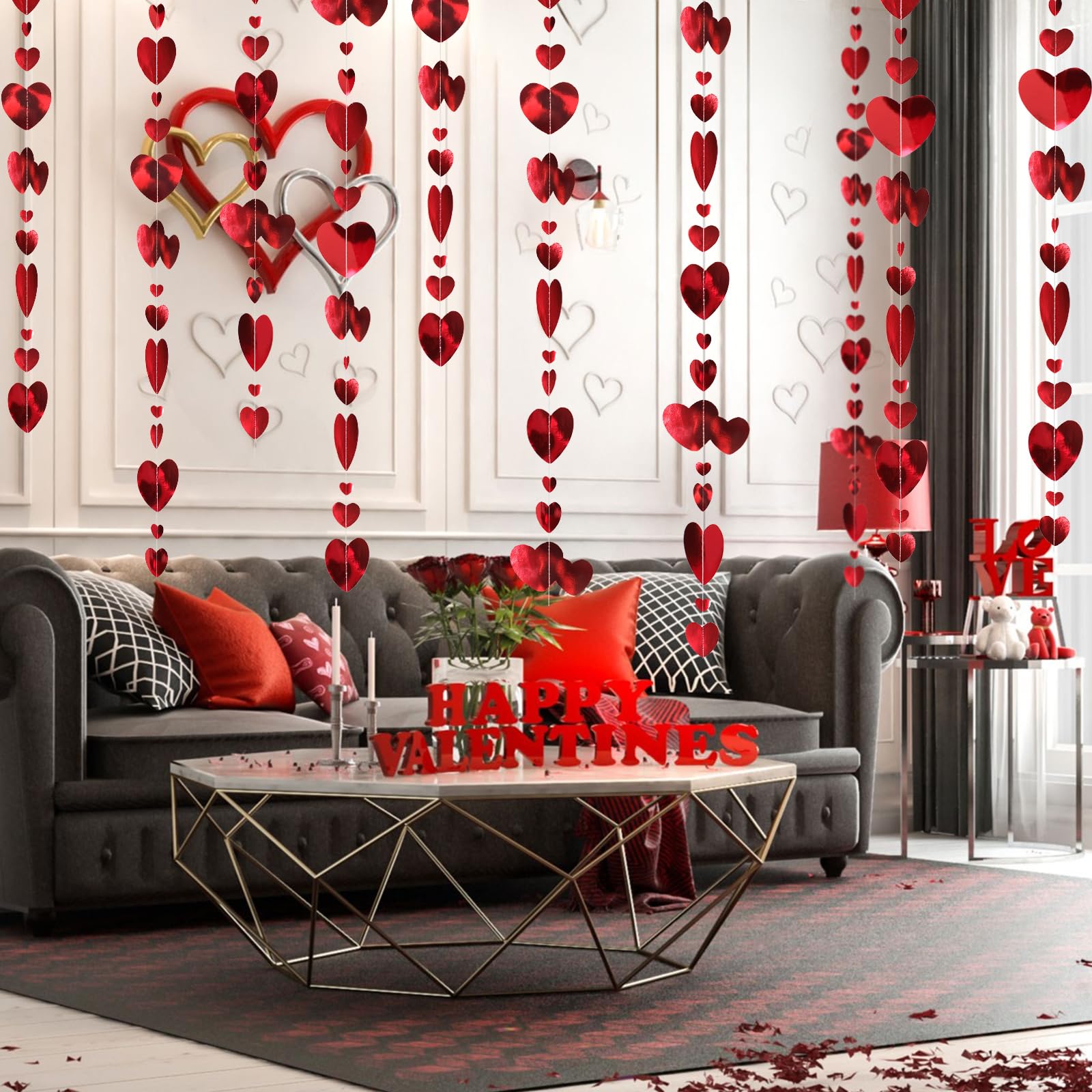 Guirnalda de corazones rojos para el día de San Valentín, pancarta de feliz aniversario para San Valentín, boda, aniversario, fiesta de cumpleaños