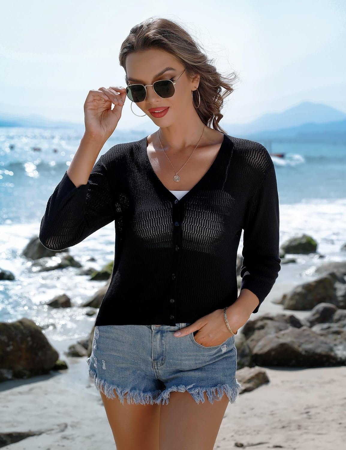 iClosam Womens Summer Lightweight Cropped Cardigans 3/4 Sleeve Knit Shrug V Neck Button Down Cardigans Sweaters - Image 2