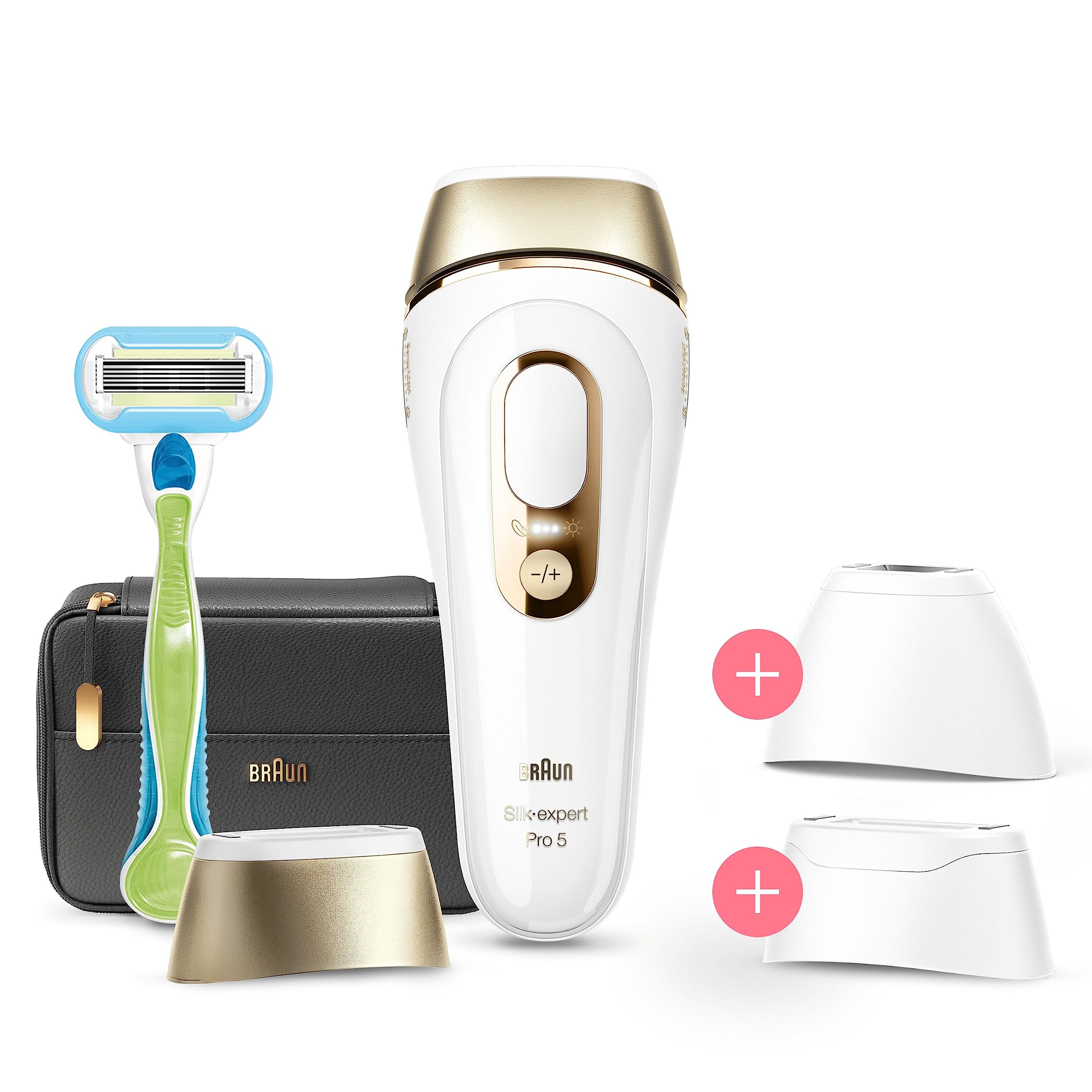 Braun Silk·expert Pro 5,épilateur à lumière pulsée,épilation semi-définitive à la maison,avec pochette,tête large,tête de précision et rasoir Venus,alternative à l’épilation au laser,Blanc/Doré,PL5243