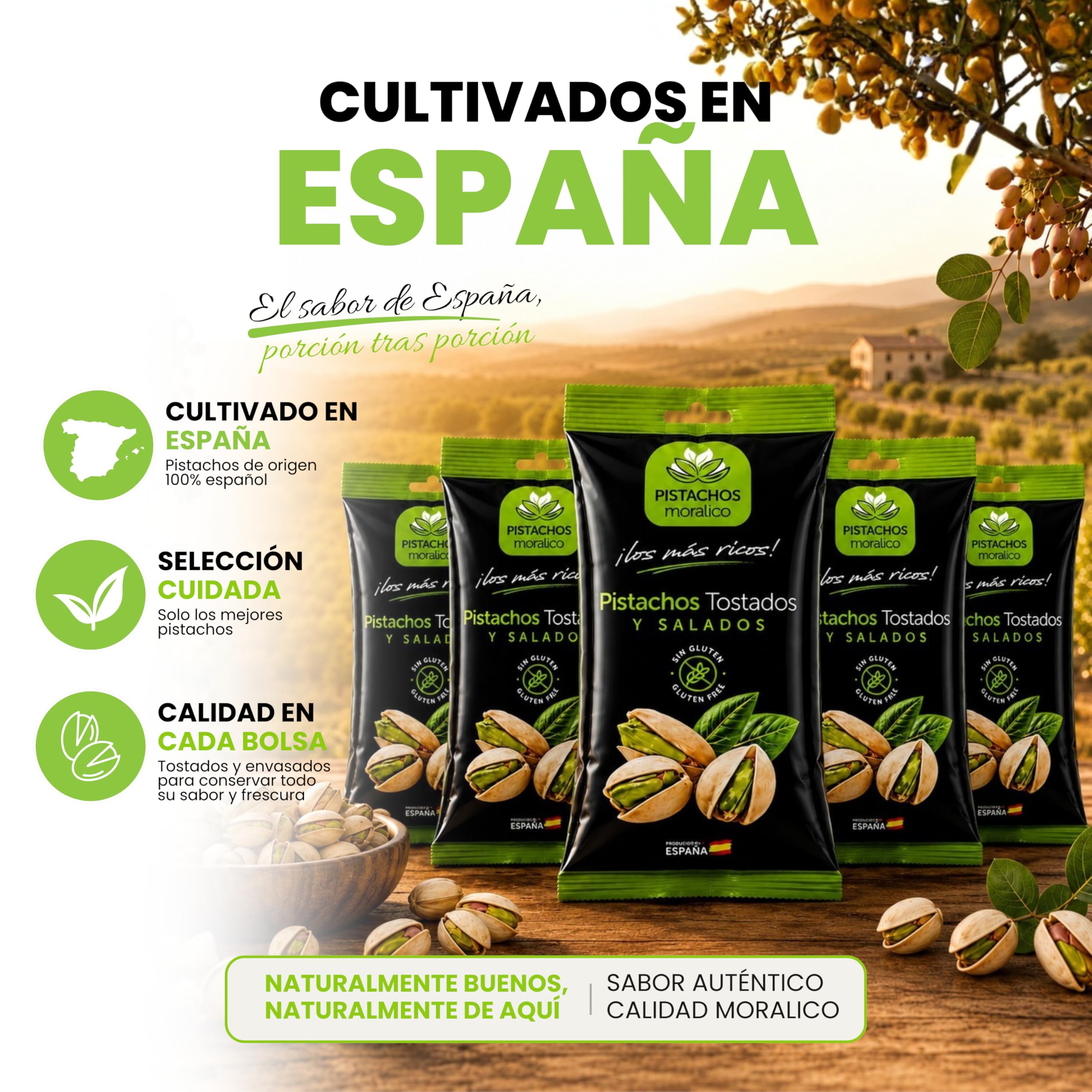 Pistachos Moralico - Pistachos Tostados y Salados Origen España - Pack 5 Bolsas x 200g (1 Kg) - Frutos Secos Premium Sin Gluten - Formato Familiar Despensa, Aperitivo para Compartir-Frescura Prolongad