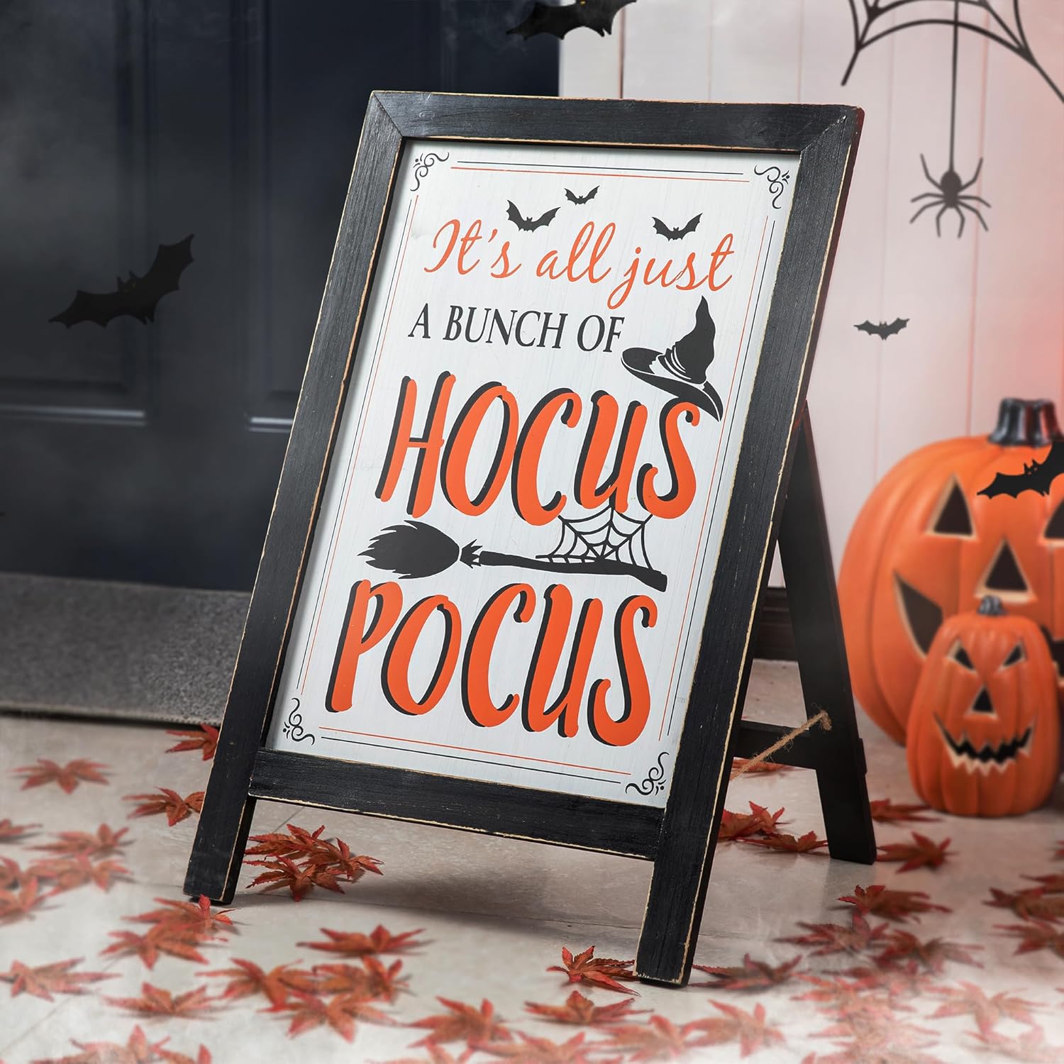Glitzhome Halloween A-Frame Free Standing Porch Sign, Slide in Wood Hocus Pocus Sign Welcome Sign for Halloween, Rustic Hanging Sign for Wall Front Door, 24”H