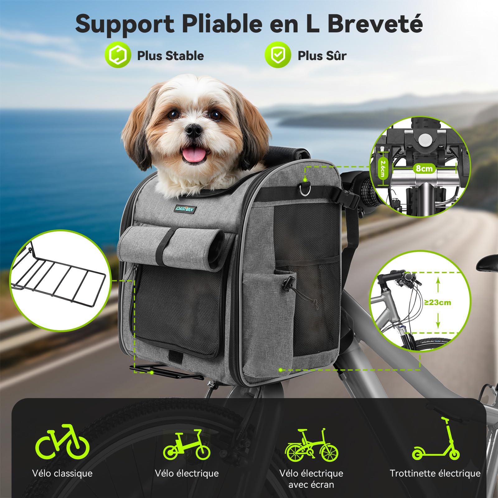 Panier Vélo Avant pour Chiens Chats jusqu'à 10KG avec Support Φ80mm, 4 en 1 Sac à Dos Animaux