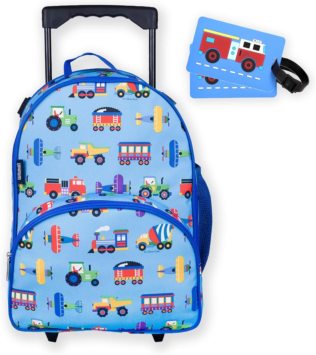 Wildkin Kids Rolling Luggage Bundle with 2 Matching Bag Tags (Fire Truck)