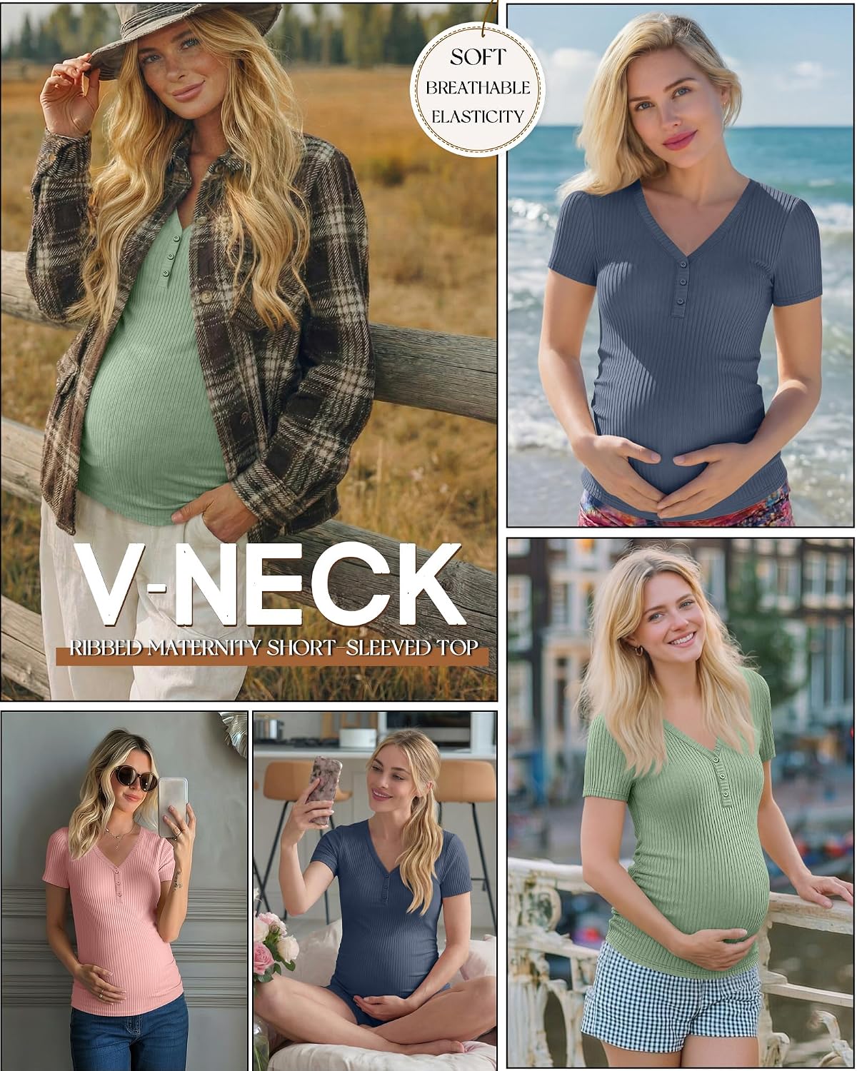 3 Pack Womens Maternity Shirts Short Sleeve Cotton Ribbed V Neck Pregnancy Clothes Casual Henley Side Ruched Tees