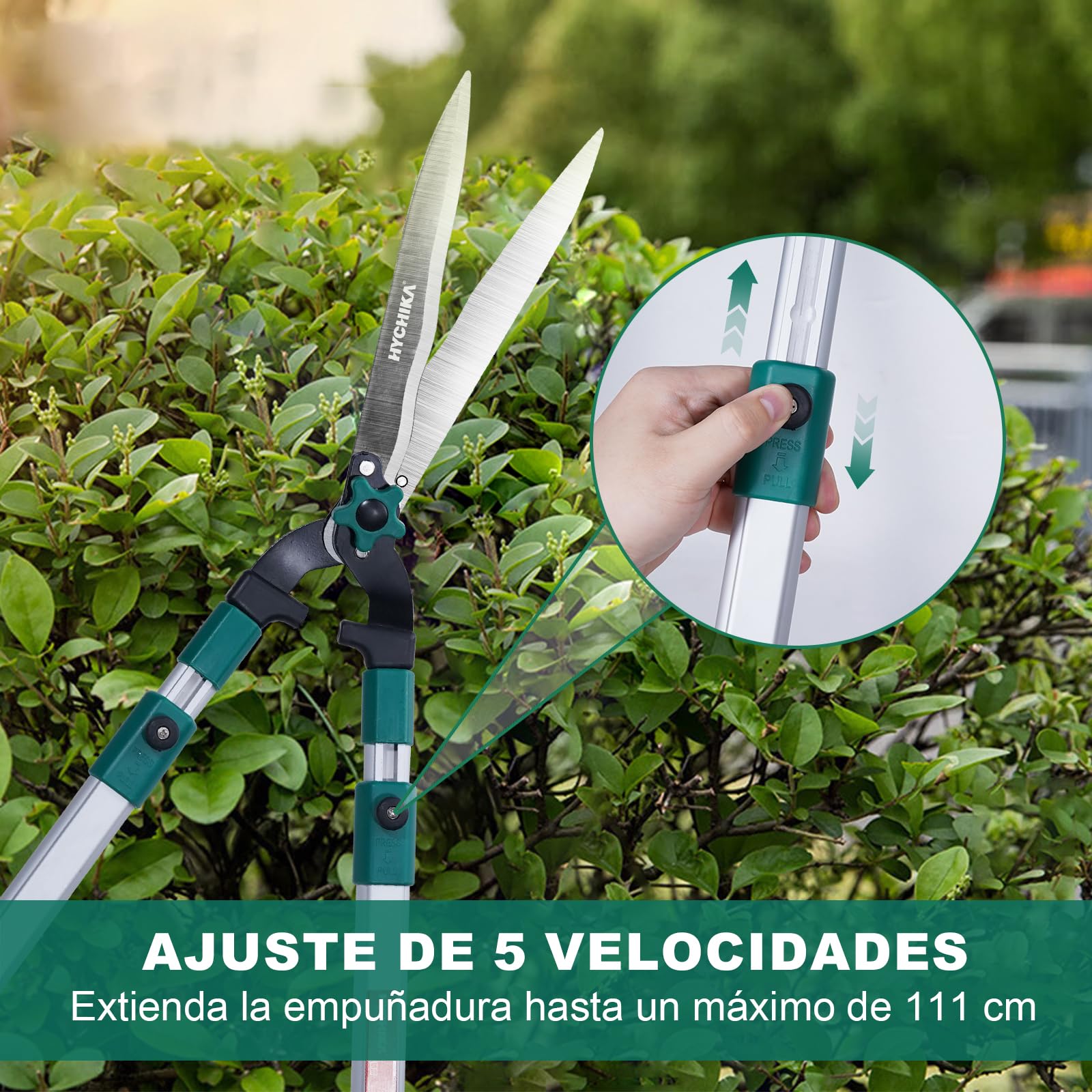 HYCHIKA Tijeras Cortasetos Telescopico Manual 111CM, Tijeras de Podar Cortasetos, Cuchillas de Acero Templado, Hoja de 214 MM, Tijeras Jardin Para Podar Setos y Arbustos