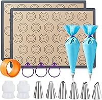 Angadona 16-Pc Macaron Silicone Baking Mats Kit: 2 Nonstick Half Sheets w/ 30 Templates, 6 Piping Tips, Bags & Couplers for Perfect Macarons