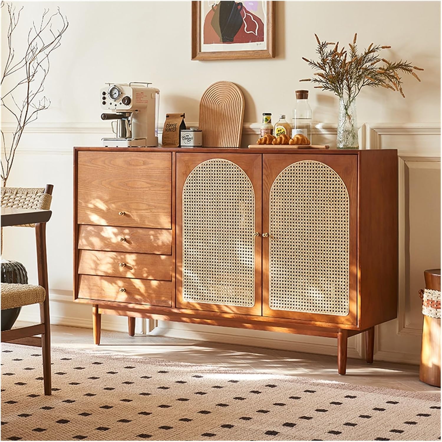Buffet Cabinet Solid Wood Rattan Sideboard Living Room Storage Cabinet Entryway Pantry Kitchen Cabinet