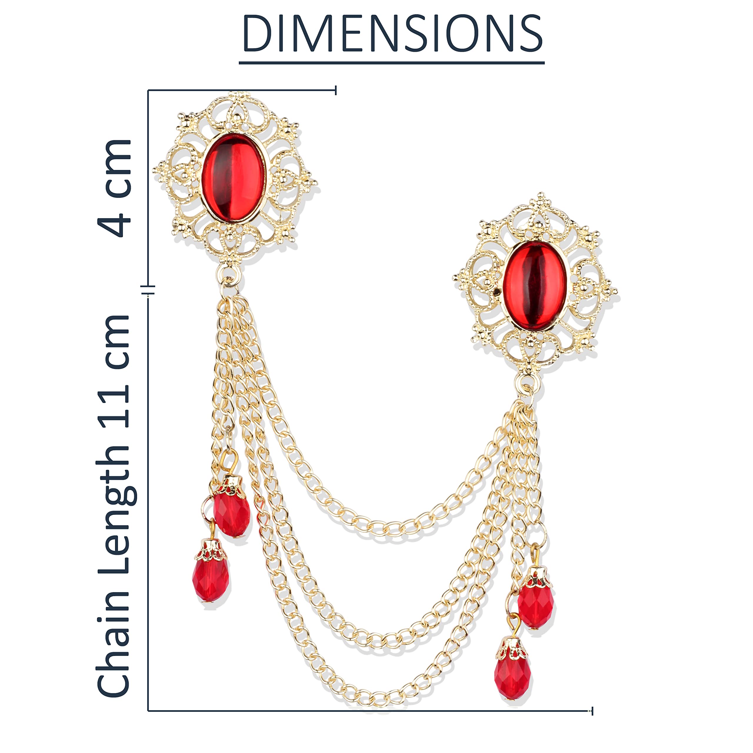 Panjatan Crown Framed Red Pearl Brooch with Hanging Crystal & Gold Chain – Elegant Pin for Sherwani, Indo Western, Suit, Blazer & Kurta 2
