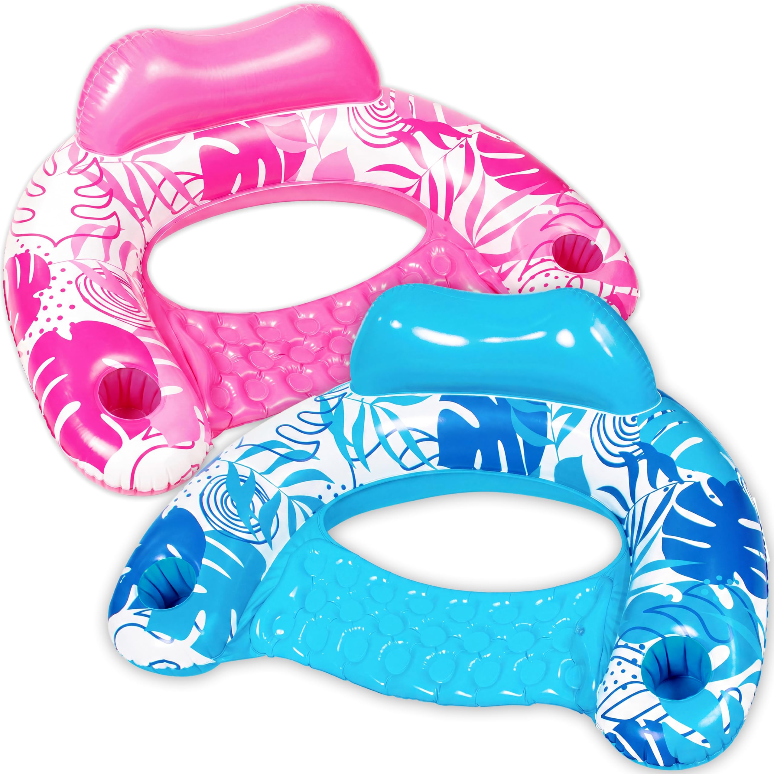SLOOSH Flotadores Inflables para Adultos, 2 Paquetes de Sillas de Piscina con Portavasos, Silla Flotante Inflable, Hamaca con Diseño de Hojas para Fiesta de Natación de Verano en la Playa, Azul, Verde