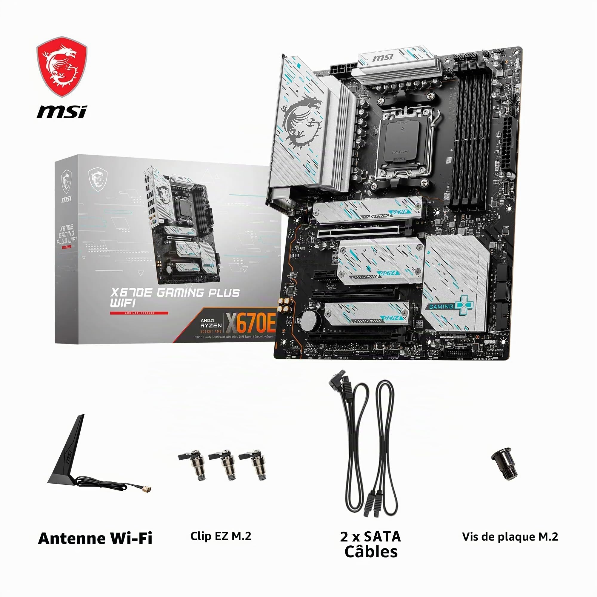 MSI X670E Gaming Plus WiFi Carte mère, ATX, Prend en Charge Les processeurs AMD Ryzen 9000, 8000 & 7000, AM5 – DDR5 Memory Boost 7800+MHz/OC, PCIe 5.0, M.2 Gen5, 2.5G LAN, Wi-FI 6E