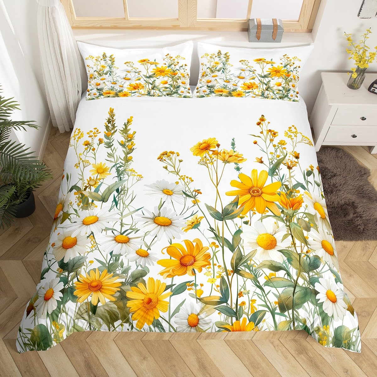 Homemissing Yellow Daisy Duvet Cover Set King Size For Kids Boys Girls Botanical Floral Printed Bedding Set Blossom Flowers Pattern Duvet Cover with 2 Pillowcases Natural Theme Bedding — image 1