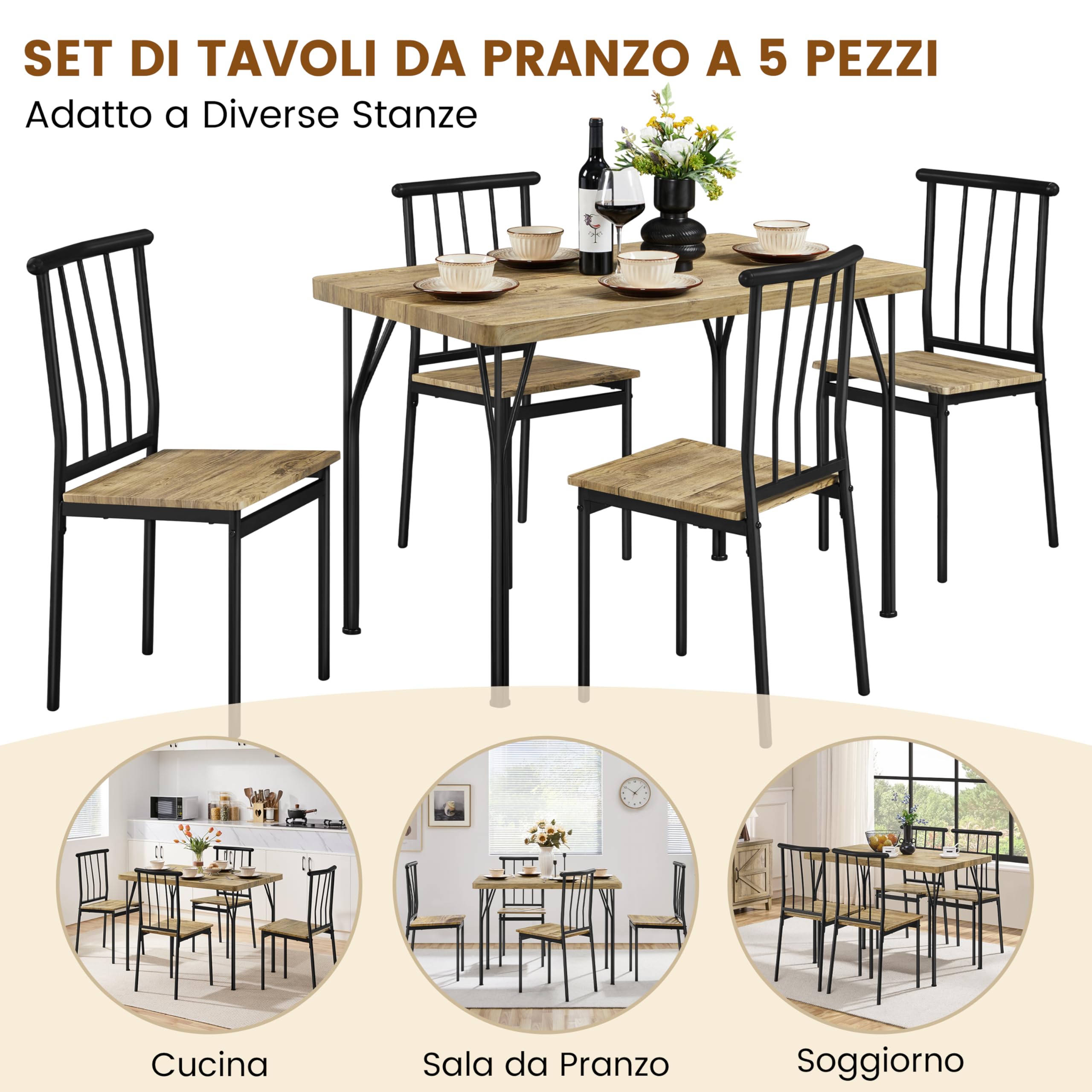 Yaheetech Tavolo da Pranzo con 4 Sedie Industriale Set 5 Pezzi Mobili da Bar Cucina Soggiorno Retro Salvaspazio in Legno e Metallo Marrone Tavolo 110x70x76.5cm Piano Spesso 4cm