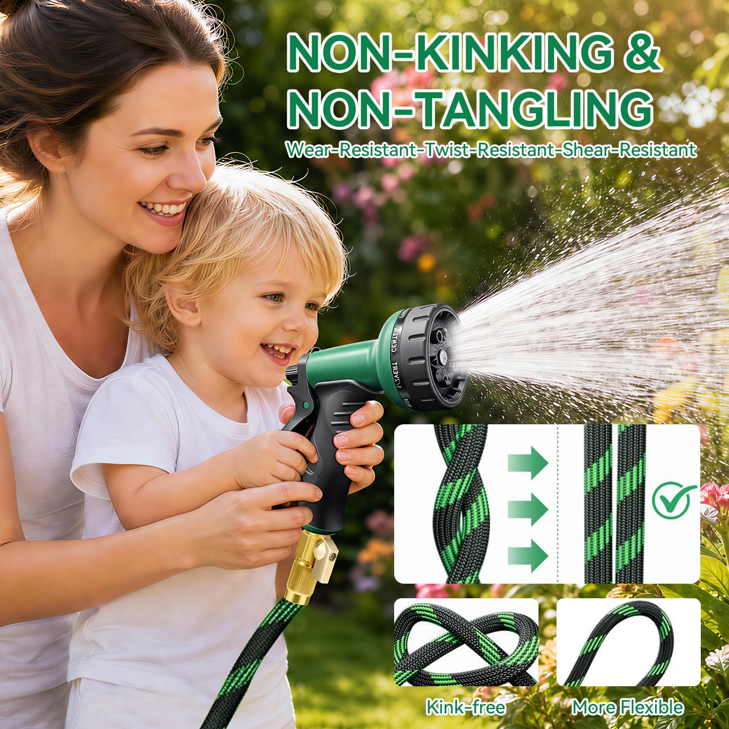TATAANTY 15,2 m nicht dehnbarer Gartenschlauch mit 10-Funktions-Sprühdüse, leichter, knickfreier Wasserschlauch, 650 PSI Berstdruck, robuste auslaufsichere Armaturen (grün)