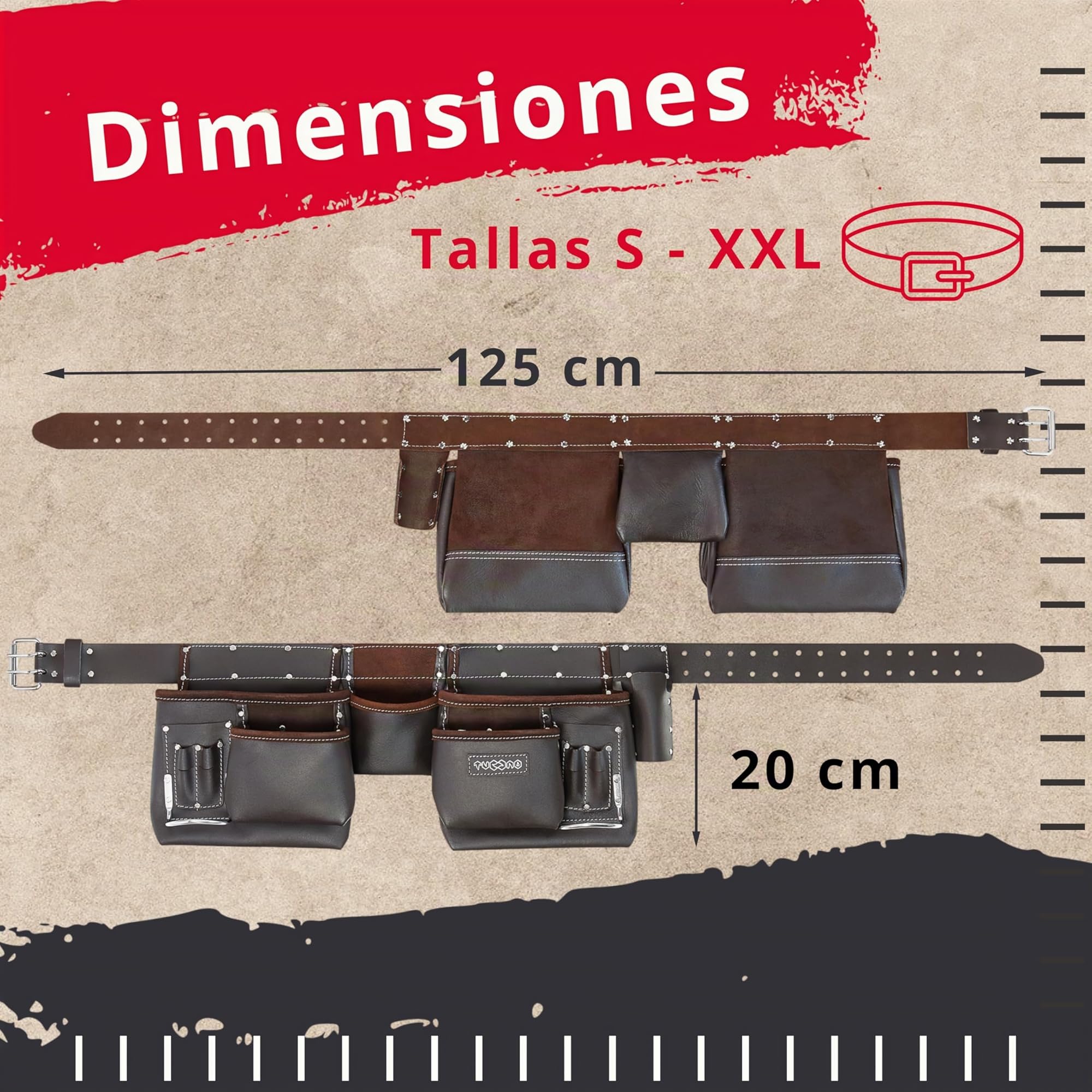 Cinturón de Herramientas de Cuero Curtido 12 Bolsillos | Para Carpintero, Constructor, Jardinero, Pladur | Organizador de Trabajo Resistente