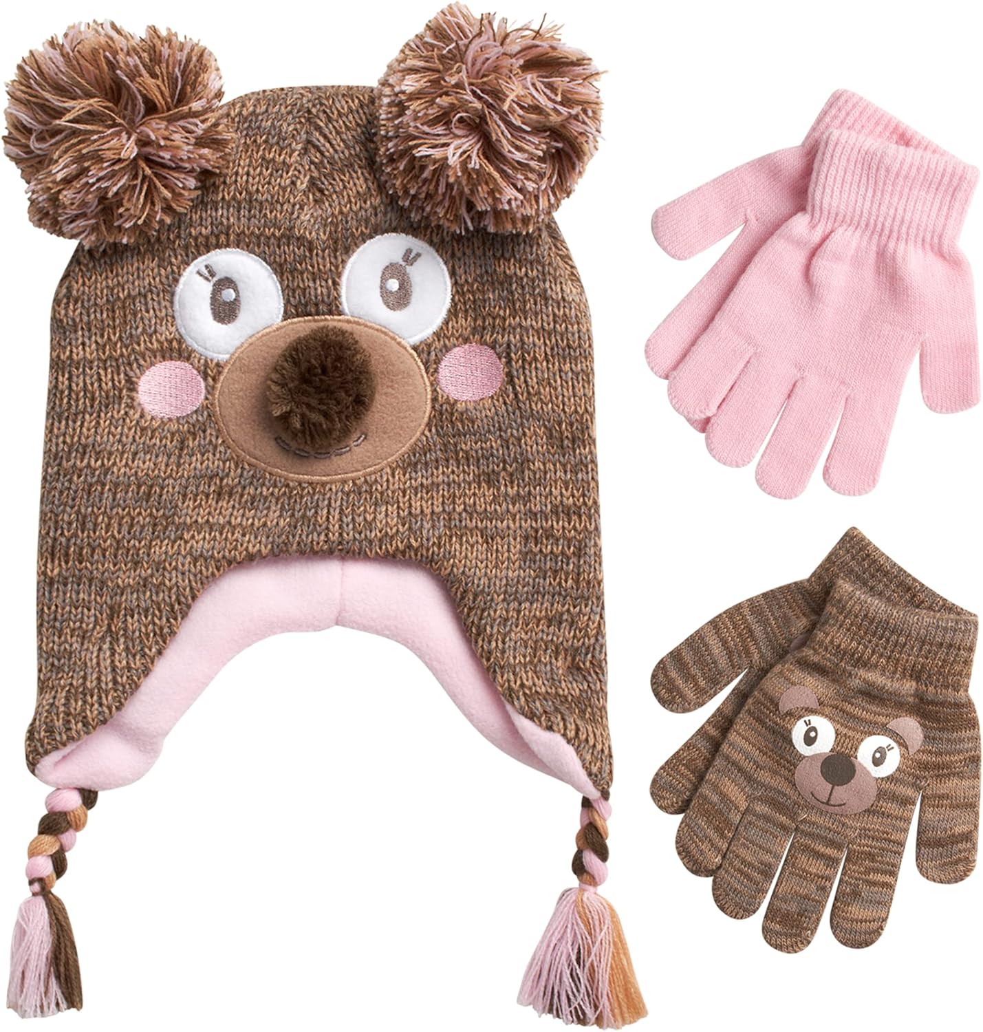 ABG Accessories Girls Critter Winter Hat and 2 Pair Gloves or Mittens (Toddler/Little Girls)