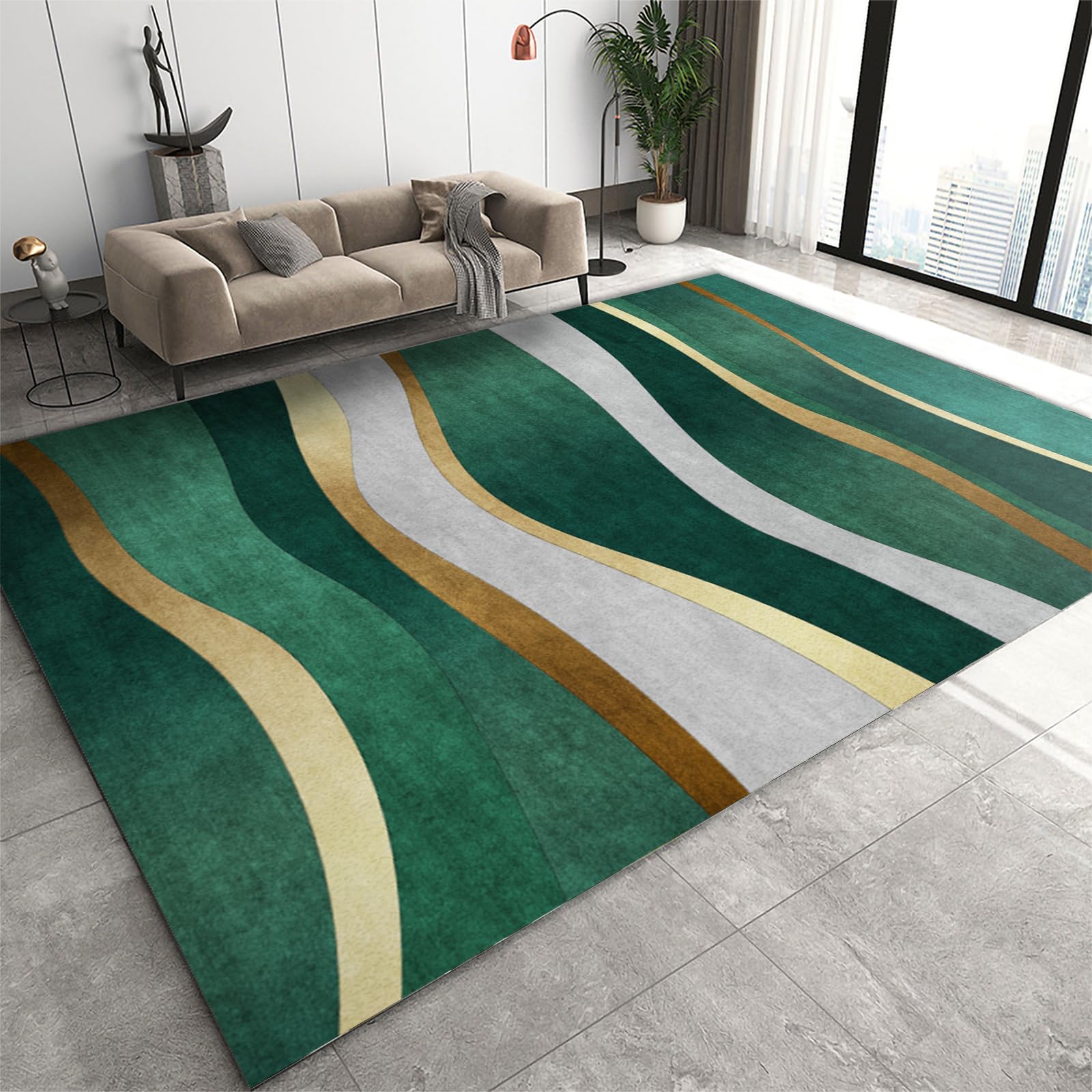 Retro Gradient Emerald Green Lines Area Rug, Luxury Gold Gray Wave Pattern Living Room Rugs, Indoor Non-Slip Rugs, Machine Washable Breathable Durable