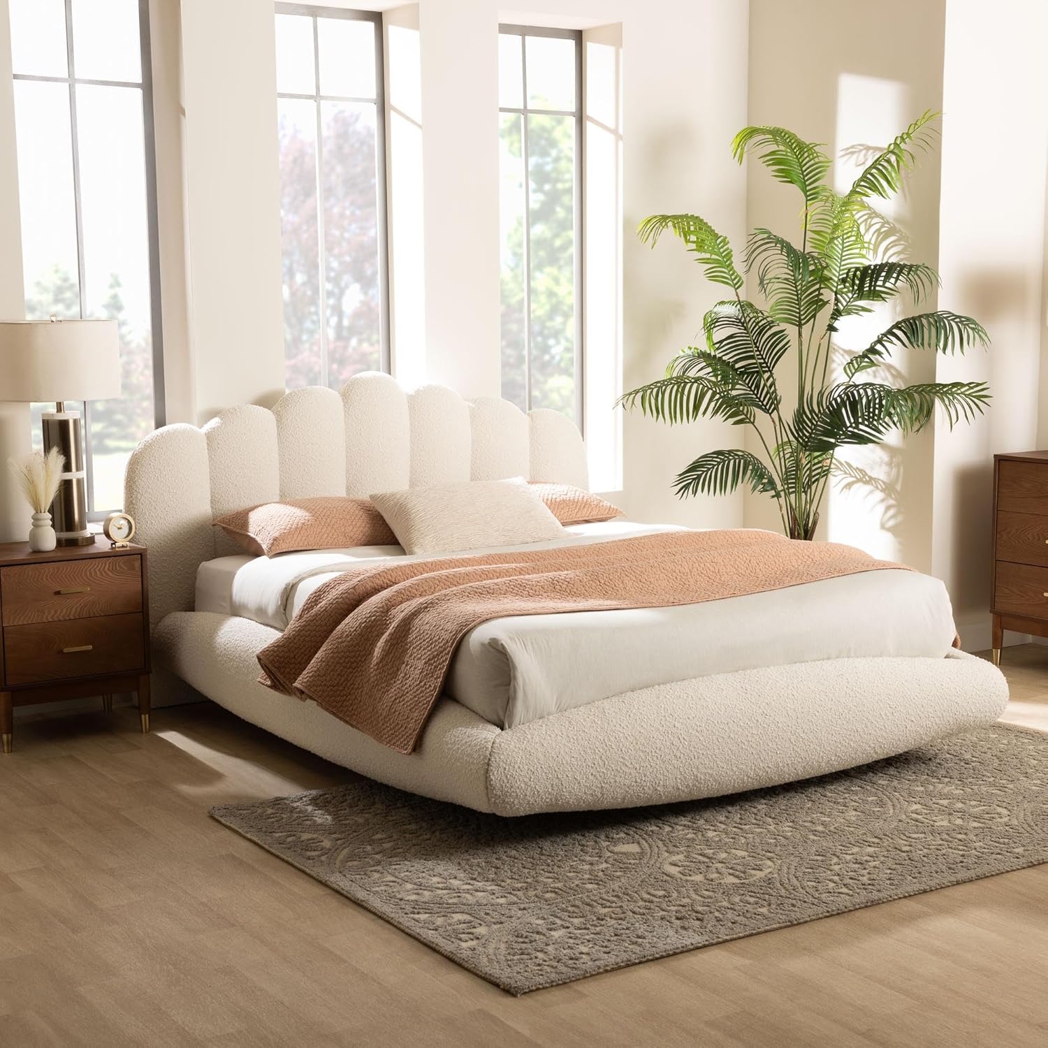 Baxton Studio Grenier Boucle Fabric Floating Bed, King, Cream