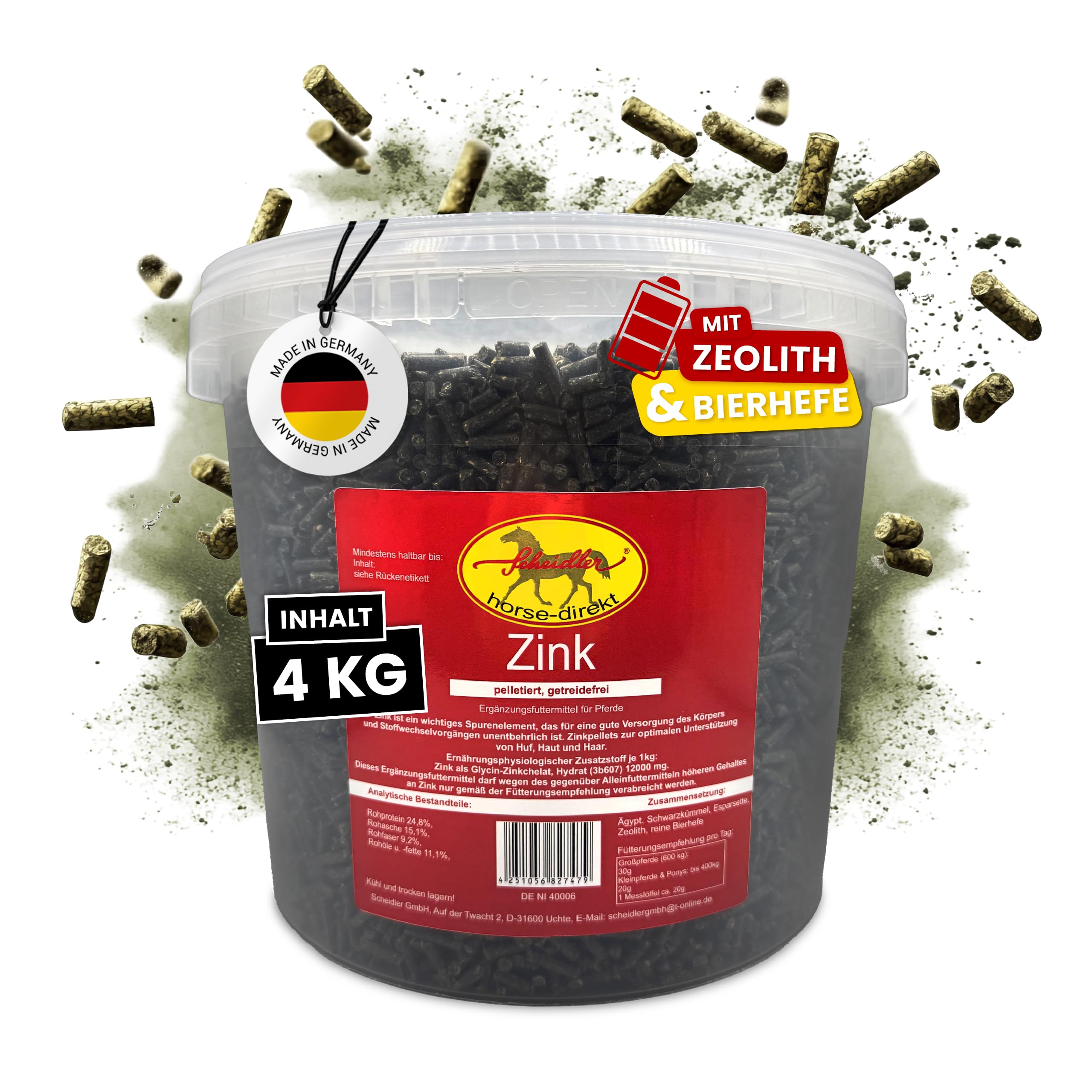 Scheidler horse-direkt Zink Komplex für Pferde - 4kg Pellets Eimer hochdosiert für Huf, Haut & Fell – Mit Bierhefe, Zeolith, Esparsette & Schwarzkümmel – Getreidefrei - Alle wichtigen Mineralien
