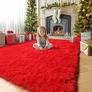 Amdrebio Red Area Rugs for Living Room Bedroom, Christmas Rug 6x9, Large Red Carpet, Plush Fuzzy Furry Rug for Kids Playroom, Fluffy Shaggy Throw Carpets for Dorm, Aesthetic Rugs for Boys Room Decor