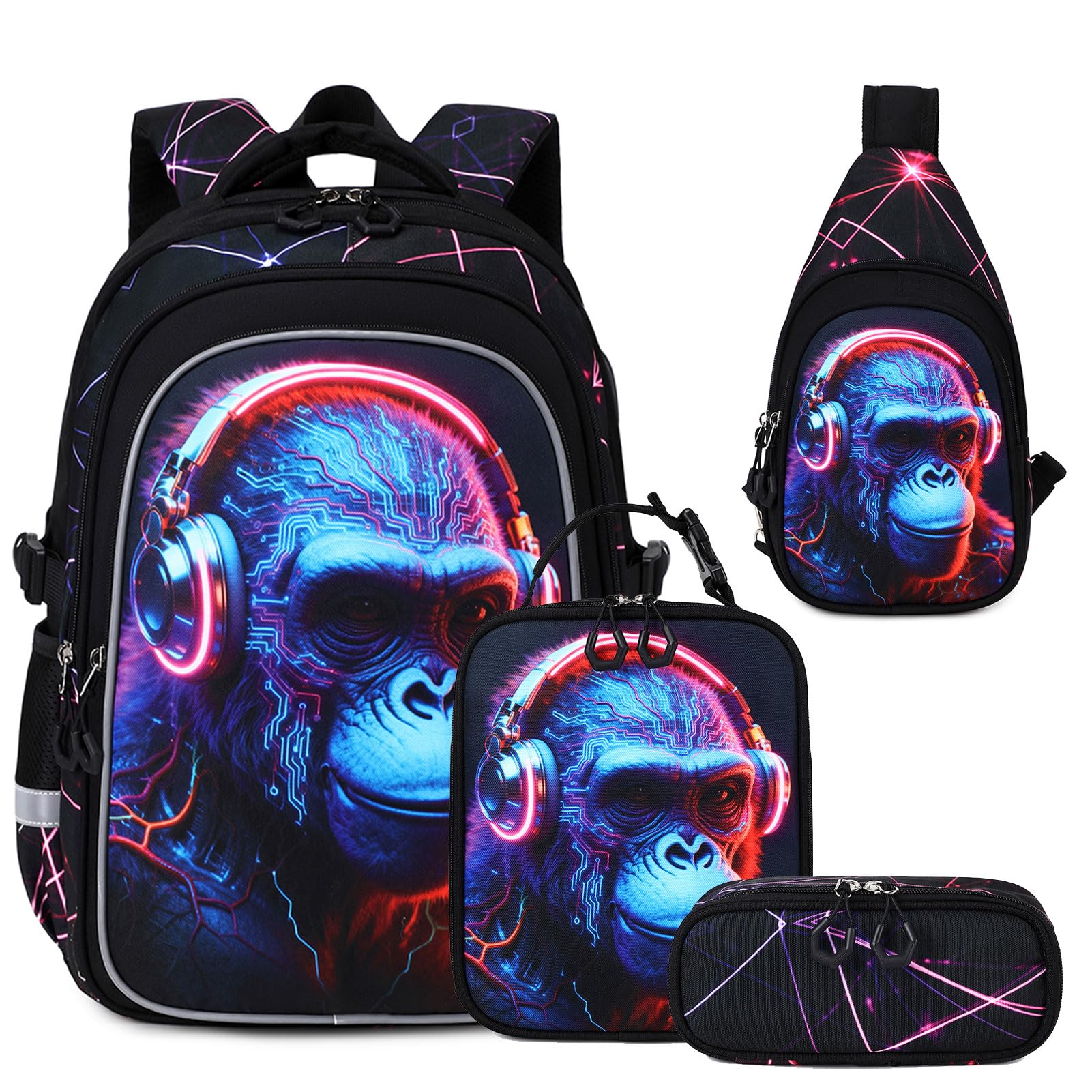 Jafeton 4PCS Gaming Backpack for Boys with Sling Bag& Lunch Box,Gorilla