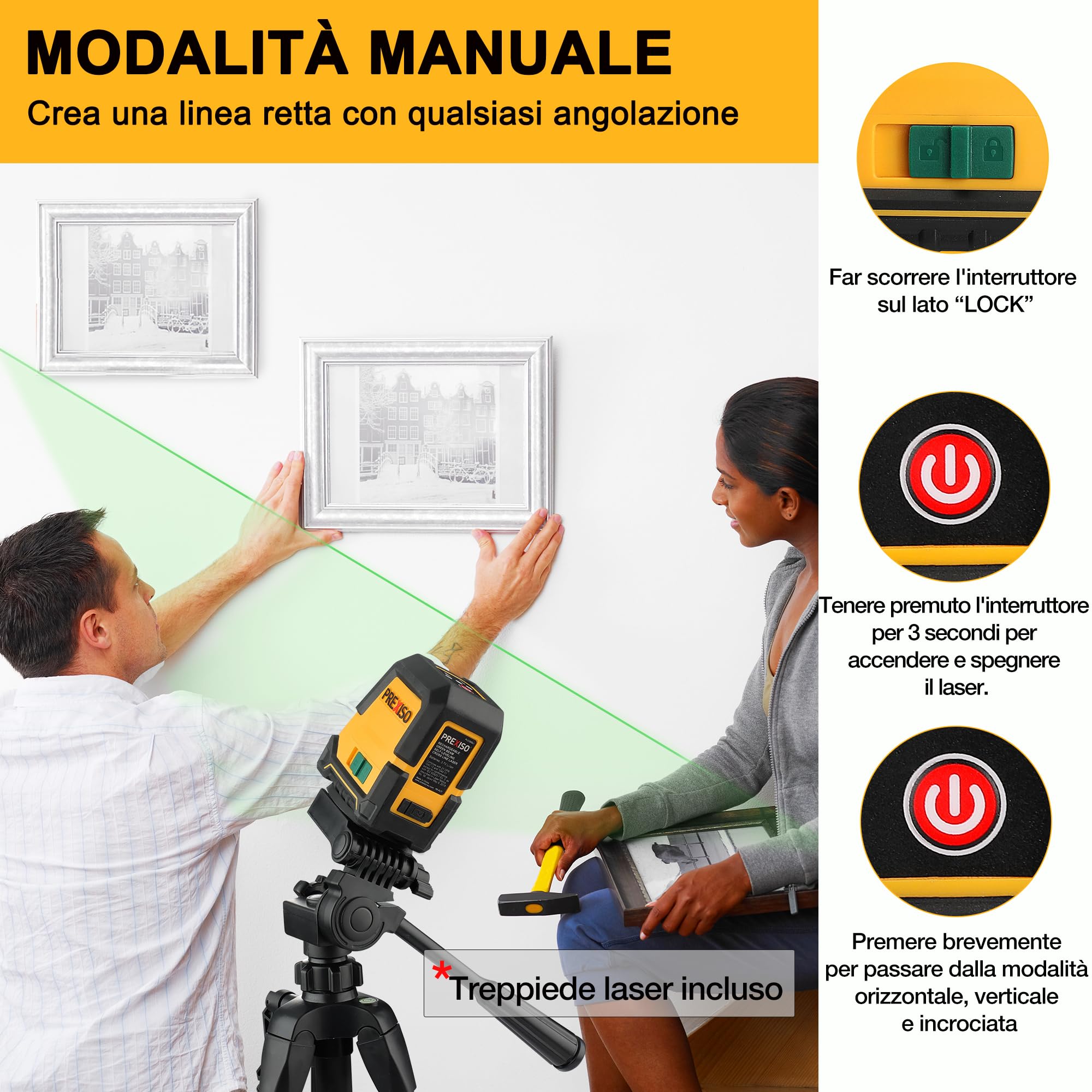 PREXISO Laser a Linee, Livella a Linea Laser, Livella Autolivellante, Laser a Linea Verticale/Orizzontale, Laser Verde con 3 Modalità, Livella Laser Professionale con Supporto Magnetico e Treppiede