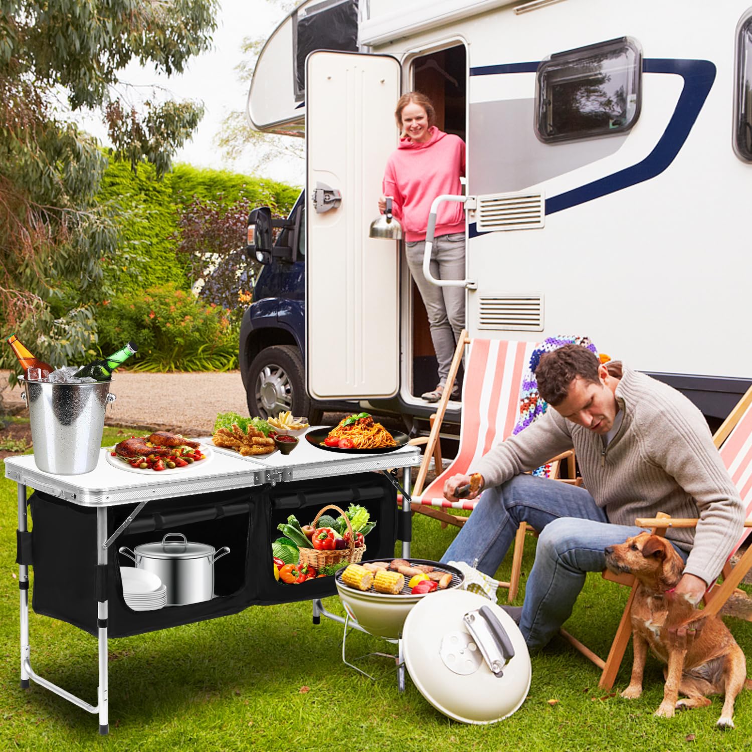 Daromigo Mobile Campingküche faltbar, 120x47cm – 3-stufig höhenverstellbar, Ultraleichter Campingschrank (6,3kg) mit Rollabdeckung & 2 Fächern, Stabile Faltküche für Wohnmobil & Zelt