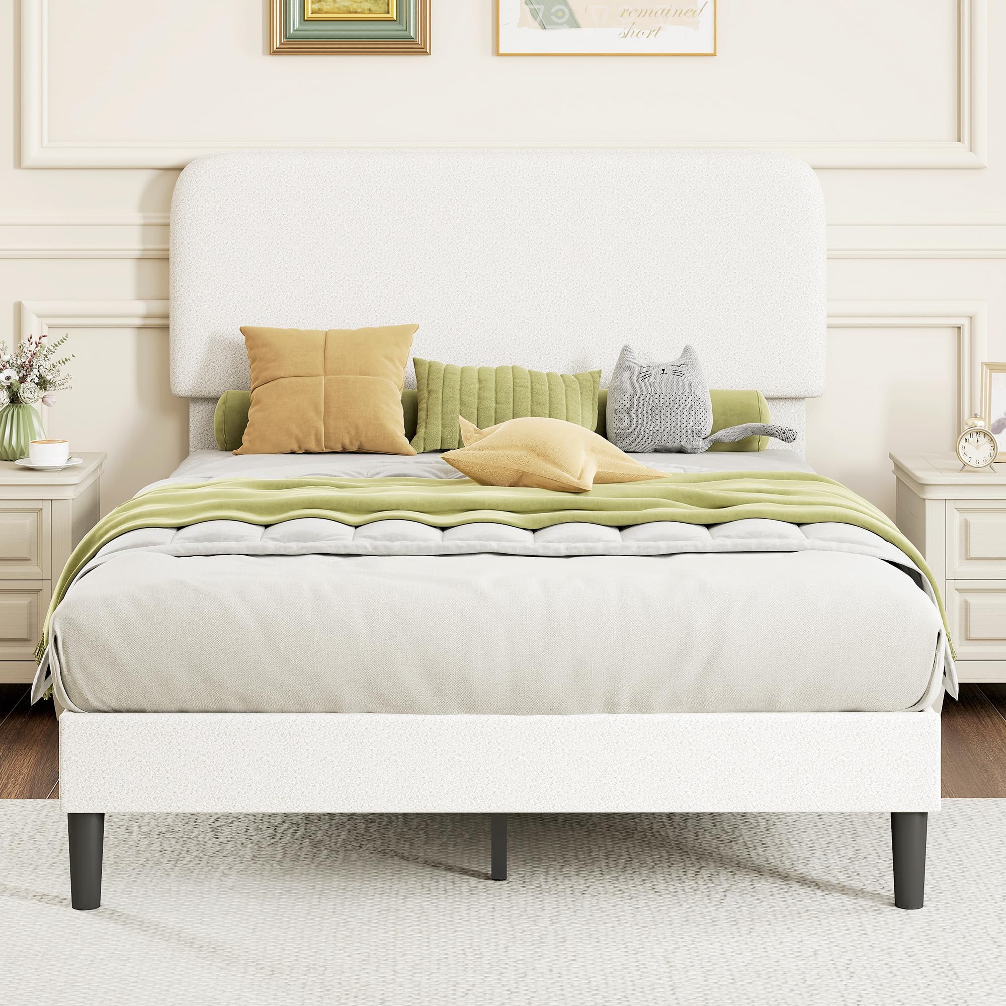 HOMCOM Cama Doble Tapizada en Borreguito, 135x190 cm, Cama Matrimonio con Cabecero Ajustable en Altura, Listones de Madera, Blanco