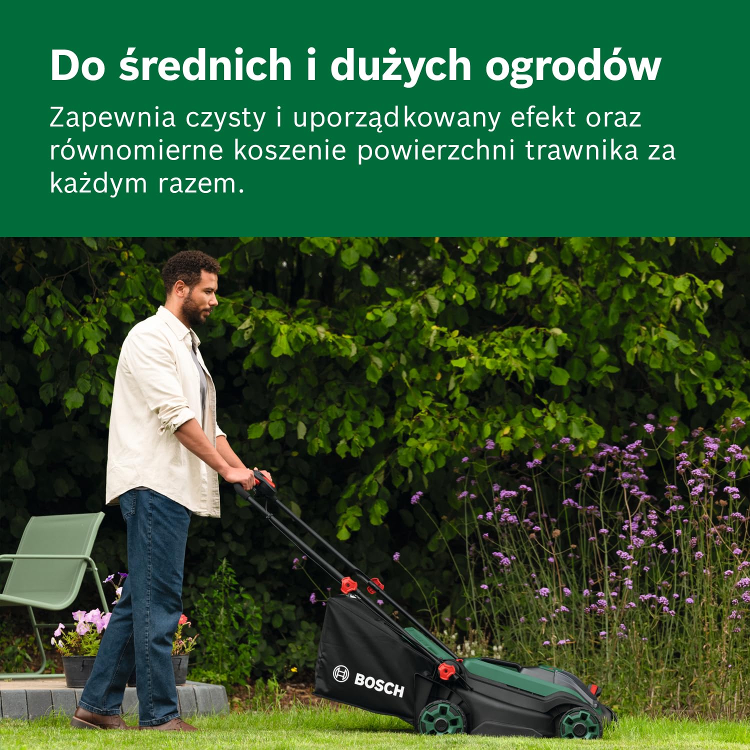 Bosch Kosiarka akumulatorowa ROTAK18V2-38 (szerokość cięcia: 38 cm, wysokość cięcia: 30 – 75 mm, materiałowy worek na trawę 40 l, przystawka do mulczowania, bez akumulatora) | szerokość cięcia: 38 cm, wysokość cięcia: 30-75 mm, torba do zbierania tkaniny
