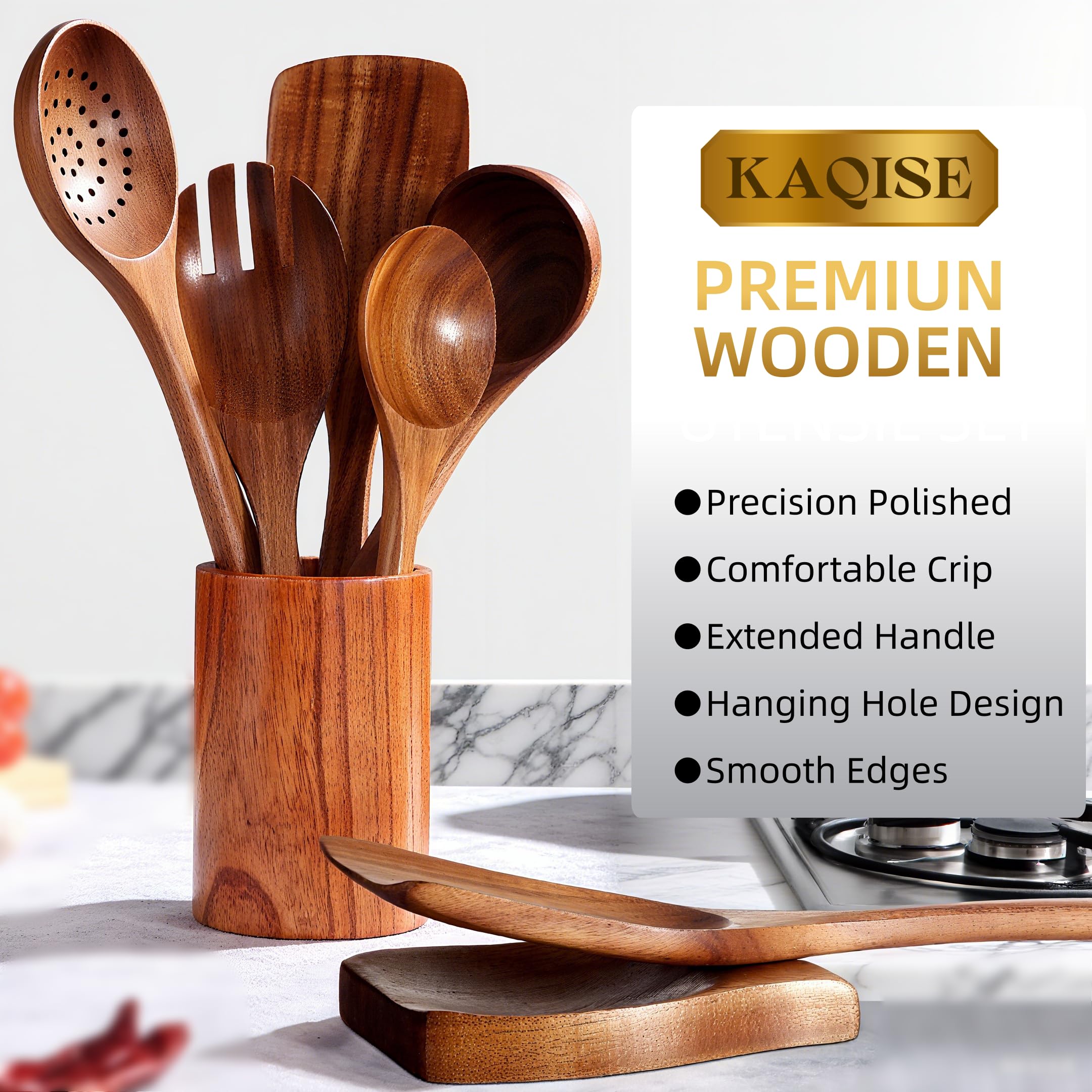 Cucharas de madera antiadherente natural prémium para cocinar, juego de utensilios de madera esenciales de cocina, juego de utensilios culinarios de madera de teca para familias (8 piezas)