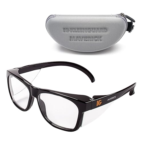 KLEENGUARD Gafas de seguridad V30 Maverick (56567), lentes transparentes con revestimiento antivaho KleenVision, marco negro, estuche de transporte,