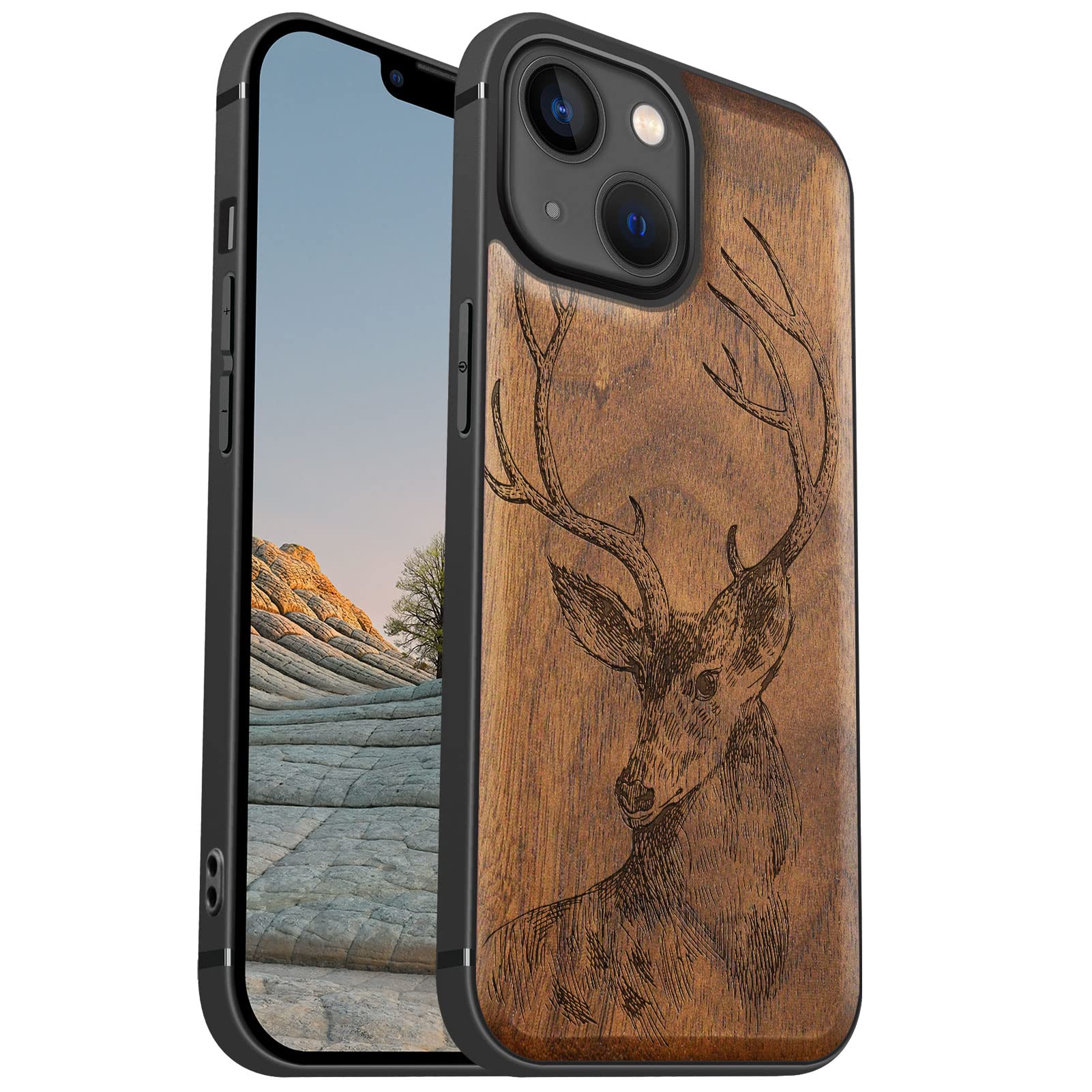 Carveit Magnetic Wood Case for iPhone 13 Mini Case [Natural Wood & Black Soft TPU] Unique & Classy Wooden Shockproof Protective Cover Compatible with