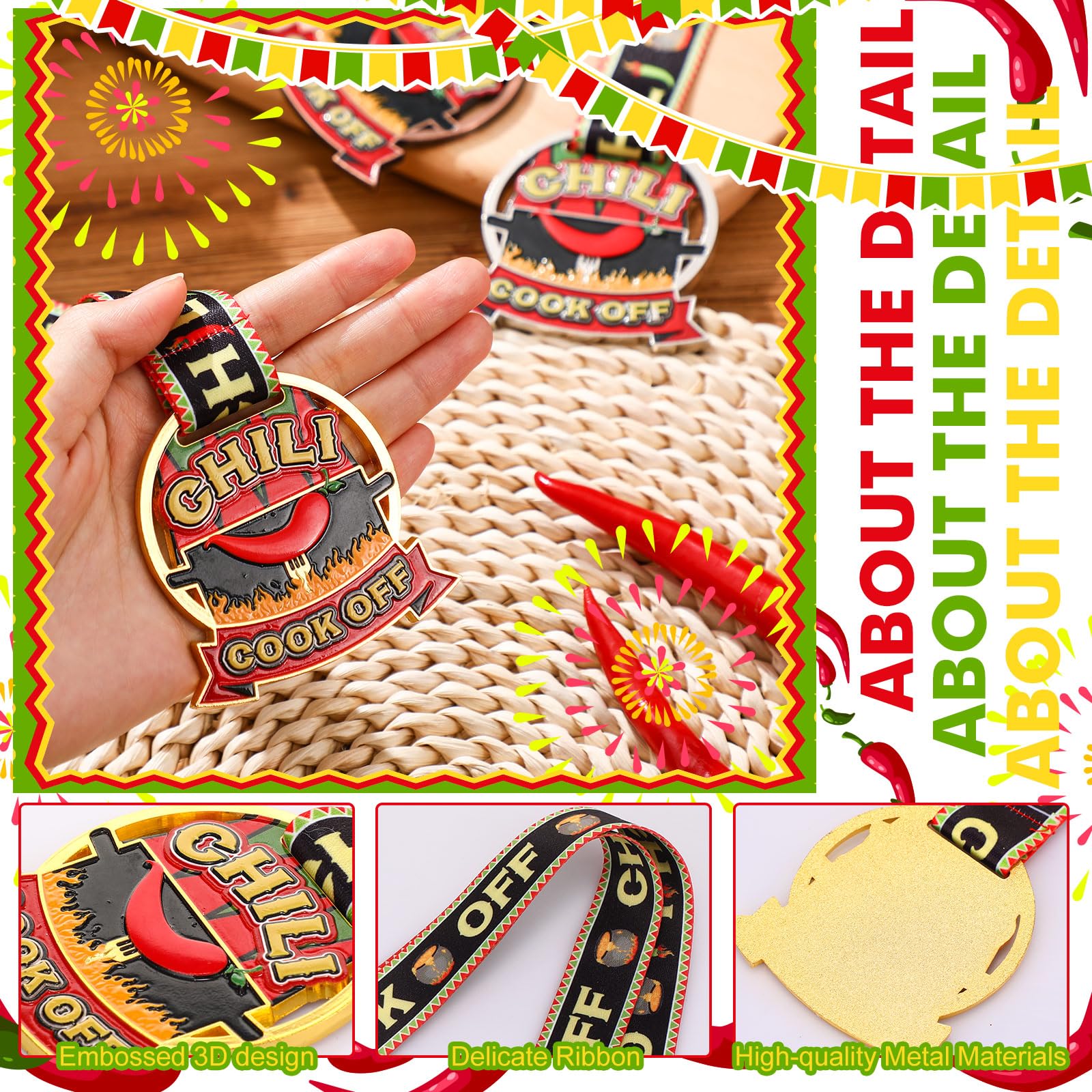 Equsion Juego de 3 medallas de trofeos de premio Chili Cook Off de Chili Cook Off Premios 1er 2º 3er Premios Juego de 3 medallas de lugar con cintas, oro, plata, bronce, chile, decoración para