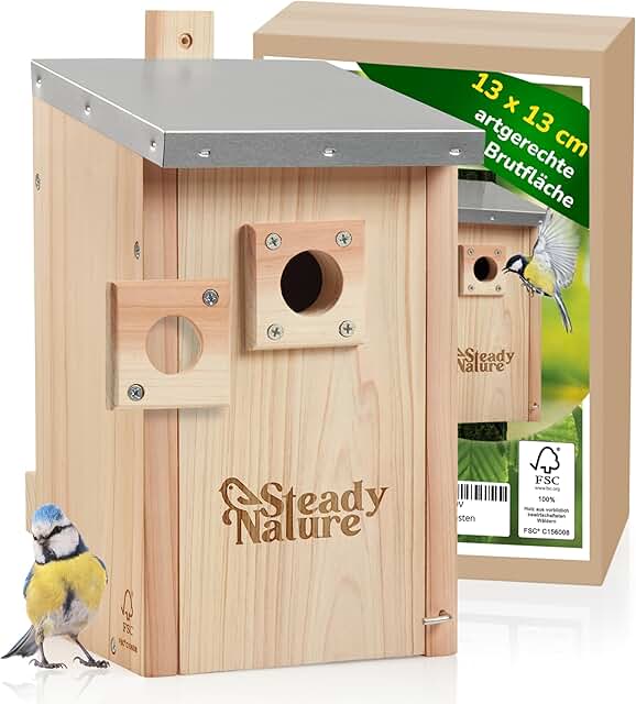 Steady Nature Nesting Box for Blue Tits and Great Tits Weatherproof Roof Galvanised, Entrance Hole Interchangeable, 28 mm and 32 mm, Tit Box, Untreated Wood product image